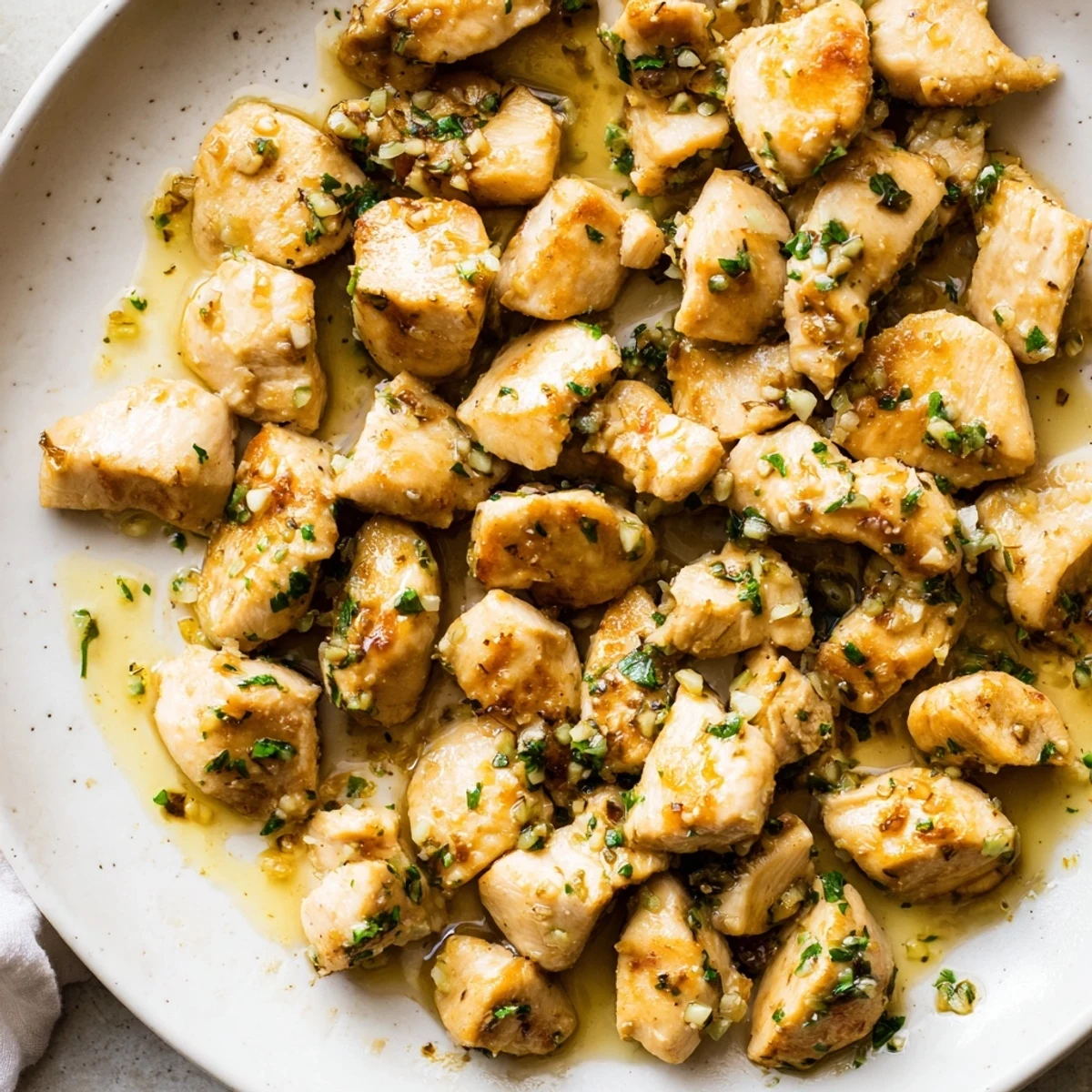 Close-up of Garlic Butter Chicken Bites, coated in a rich, buttery sauce, ready for a delicious dinner.