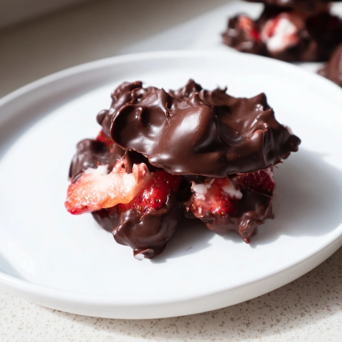 Frozen Strawberry Yogurt Clusters, individually chocolate-dipped and awaiting the first bite's satisfying crunch.