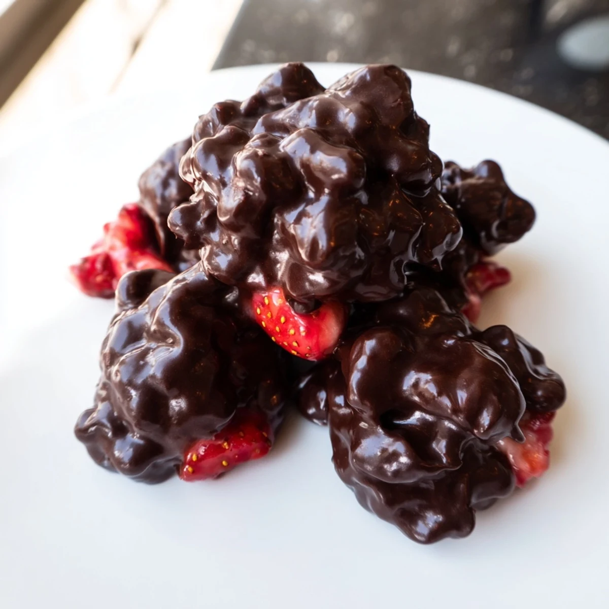 Close-up of frozen Strawberry Yogurt Clusters, a healthy dessert option with fresh berry pieces visible.