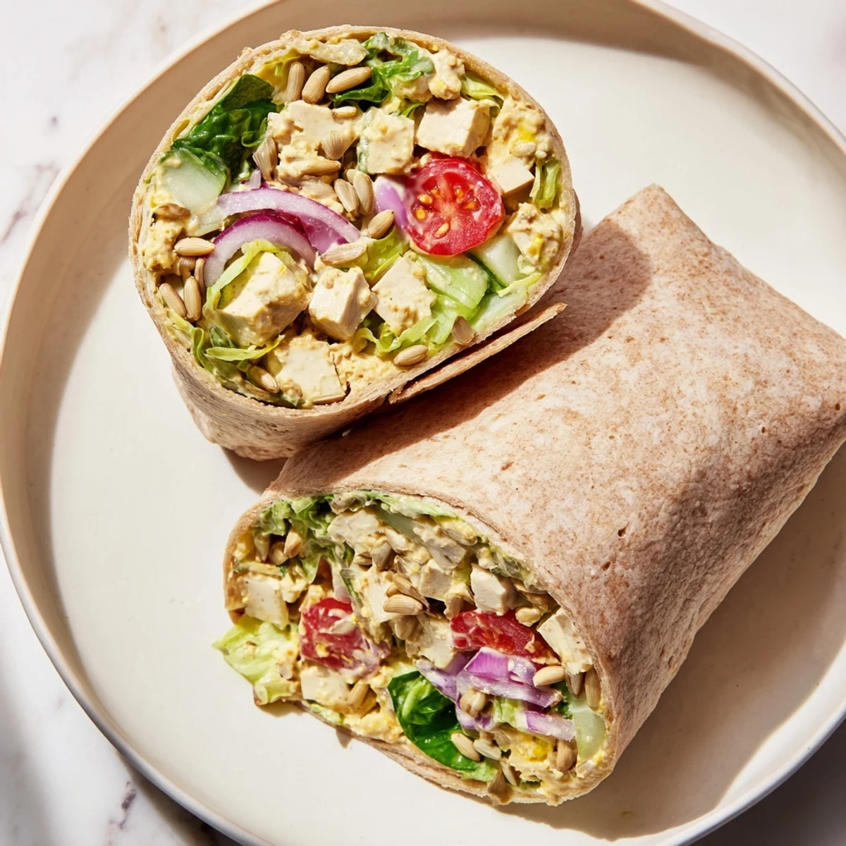 High-Protein Chicken-less Caesar Wrap, ready to eat, featuring fresh romaine lettuce and tomatoes.