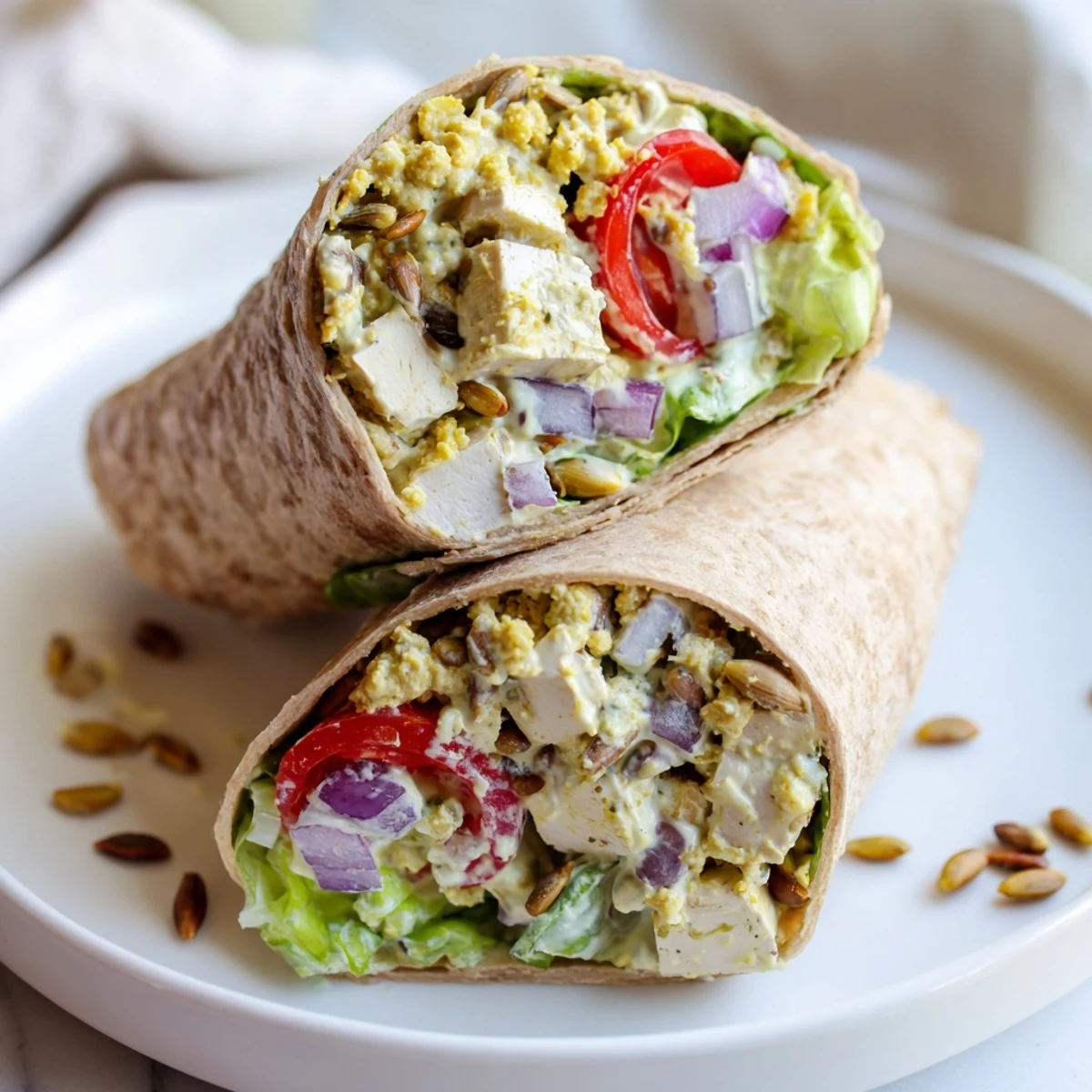 Close-up of a delicious High-Protein Chicken-less Caesar Wrap, filled with creamy dressing and protein-packed chickpeas.