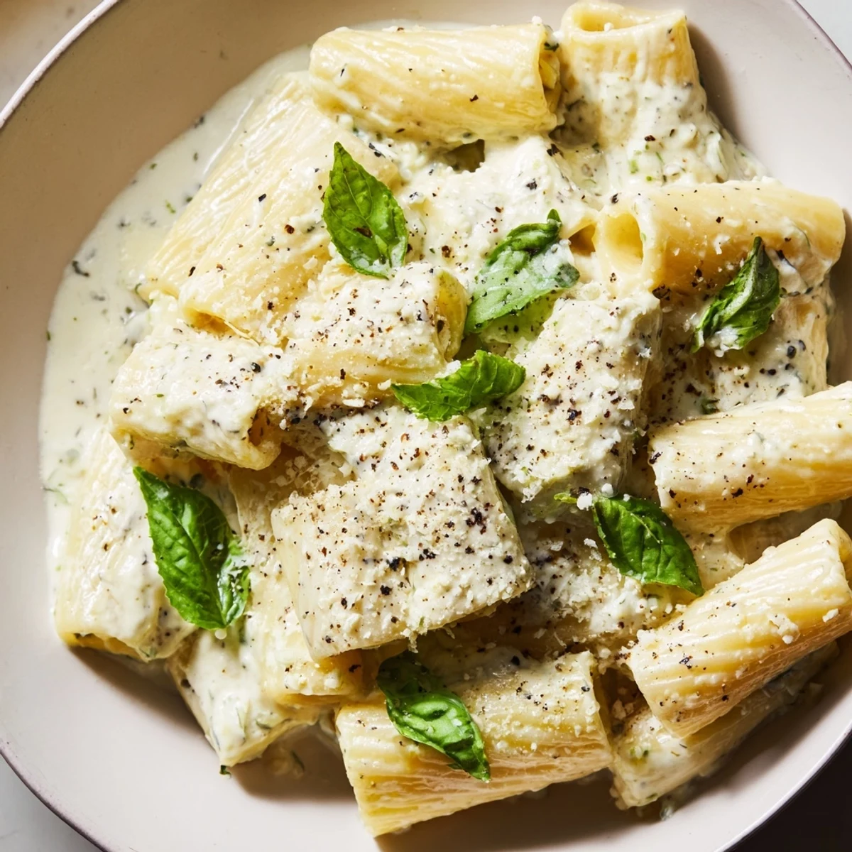 Steaming bowl of creamy cottage cheese pasta, garnished with fresh basil, ready to eat.