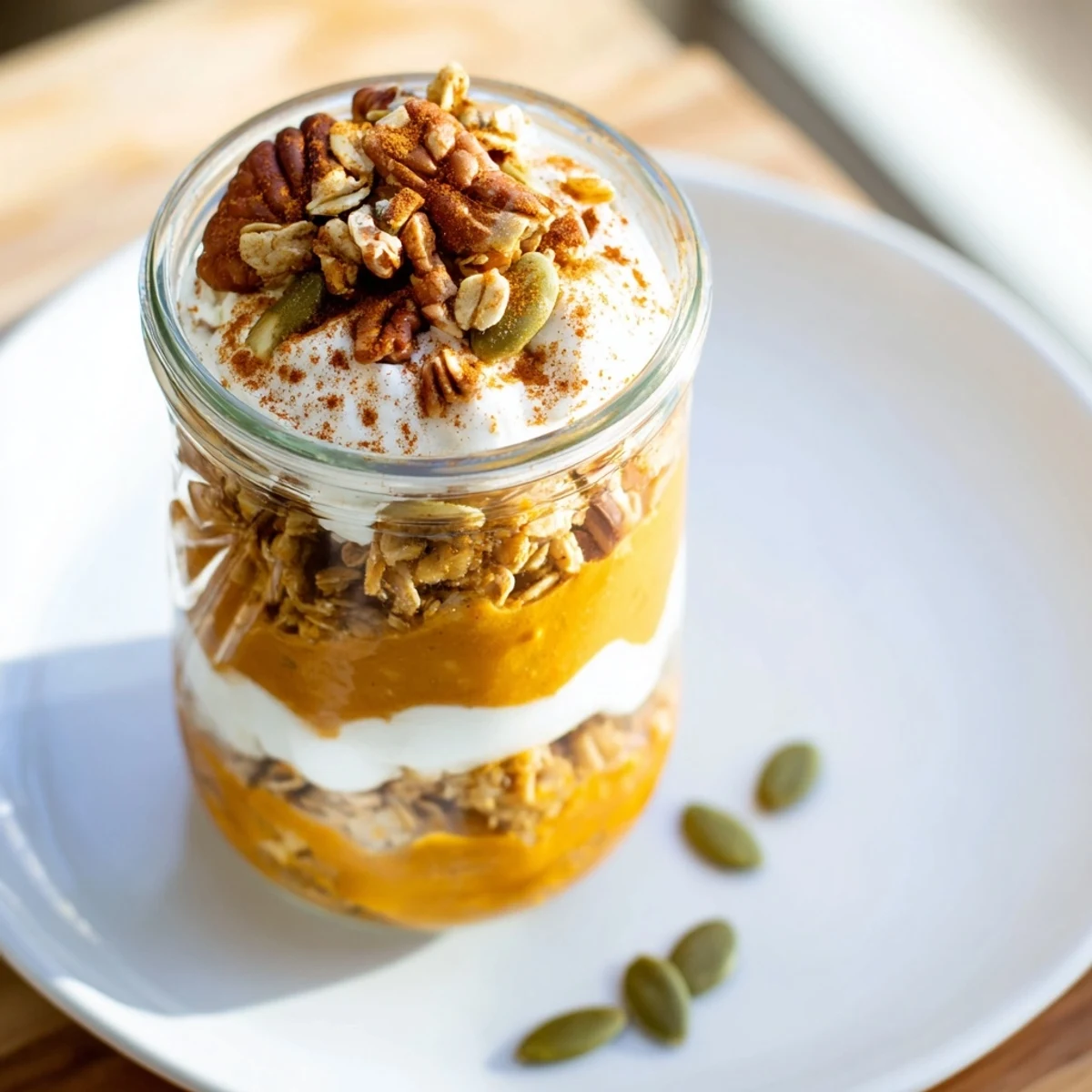 Enjoy the inviting layers of our fresh Pumpkin Yogurt Parfait, sprinkled with cinnamon and pepitas.