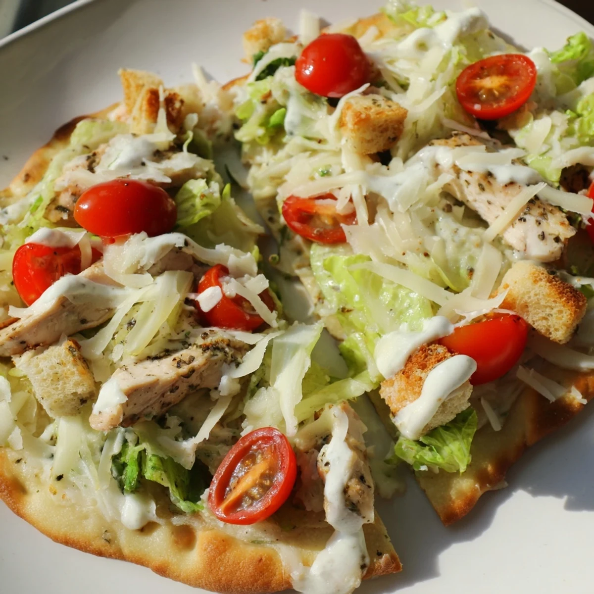 Golden-crusted Chicken Caesar Flatbread topped with grilled chicken, romaine, and creamy dressing.
