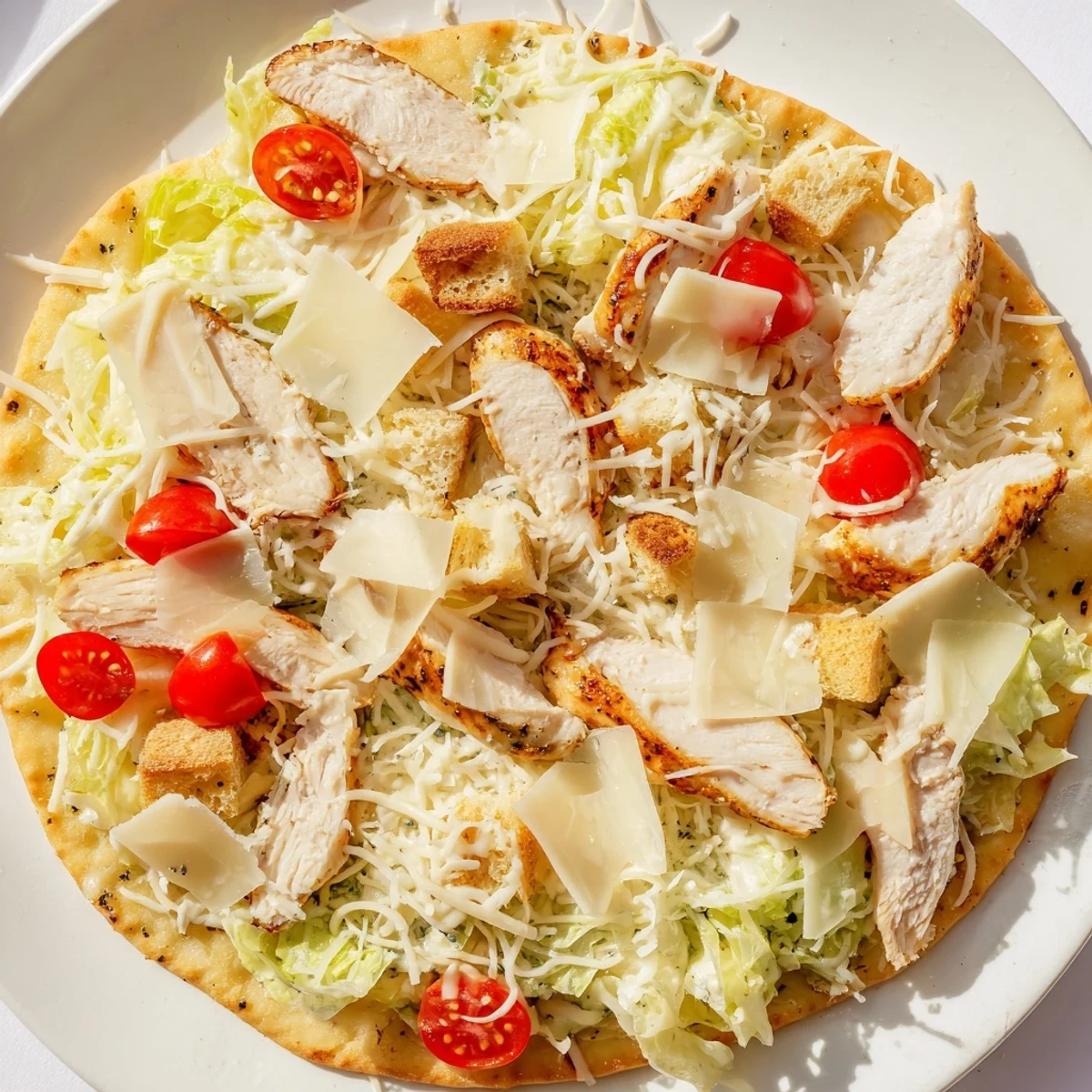 Freshly baked Chicken Caesar Flatbread featuring sliced chicken, a drizzle of Caesar, and Parmesan.