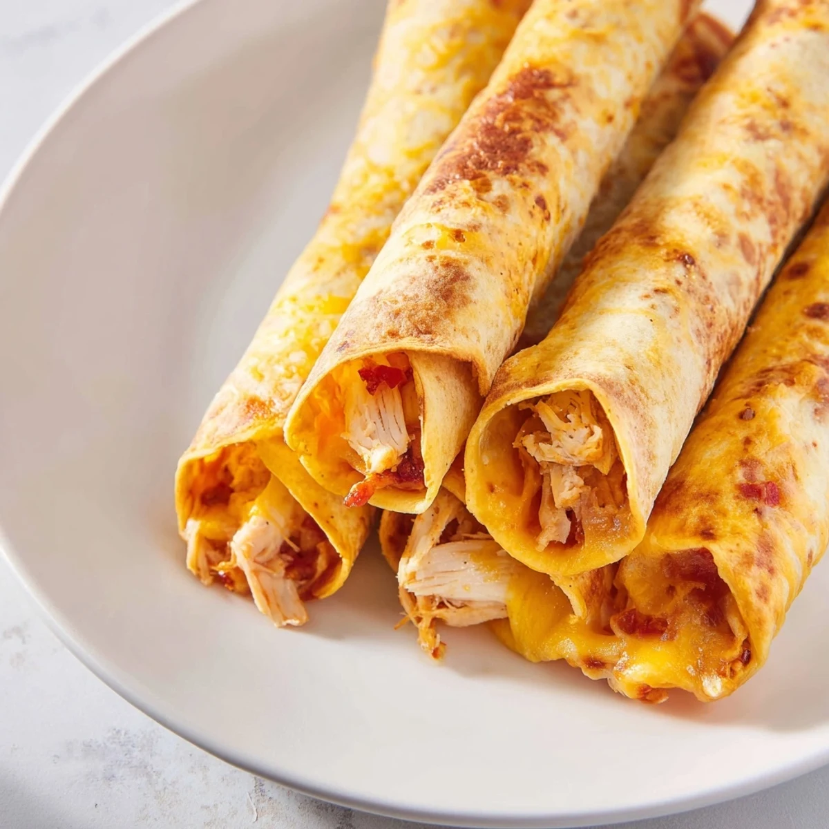 Air fryer taquitos, perfectly golden and crispy, brimming with savory chicken and melted cheese for a delightful crunch.
