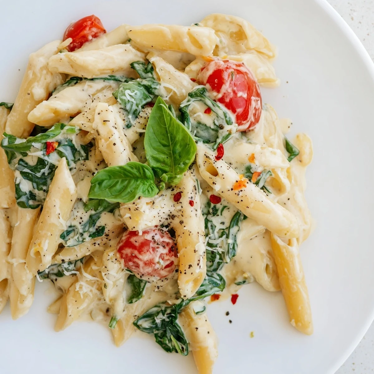 Delicious, vegetarian Cottage Cheese High-Protein Creamy Pasta with spinach, perfect for a protein boost.
