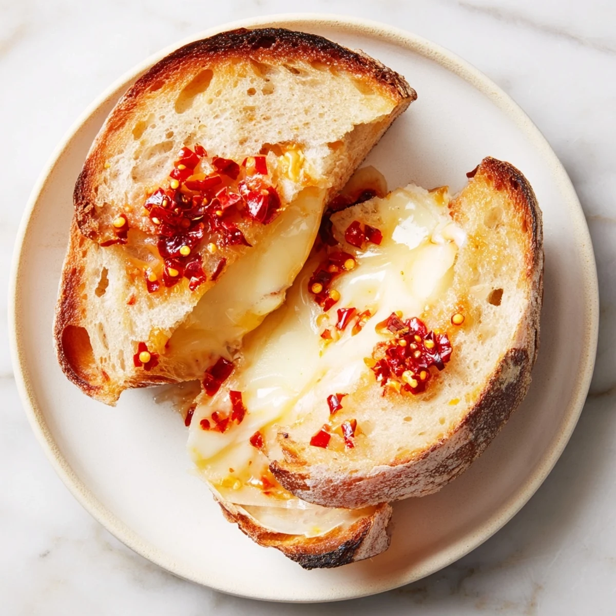 Golden, melty Brie and Chili Crisp Grilled Cheese showing off toasted bread and oozing cheese.