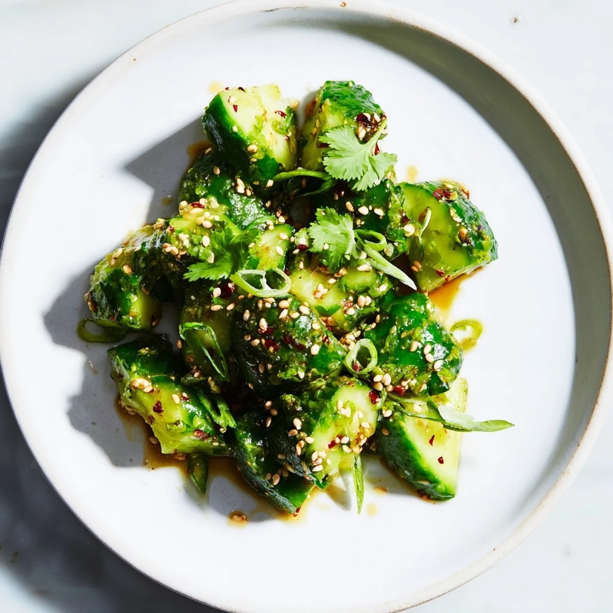 Close-up of a bowl filled with flavorful Chinese Spicy Smashed Cucumber Salad, garnished with sesame seeds.
