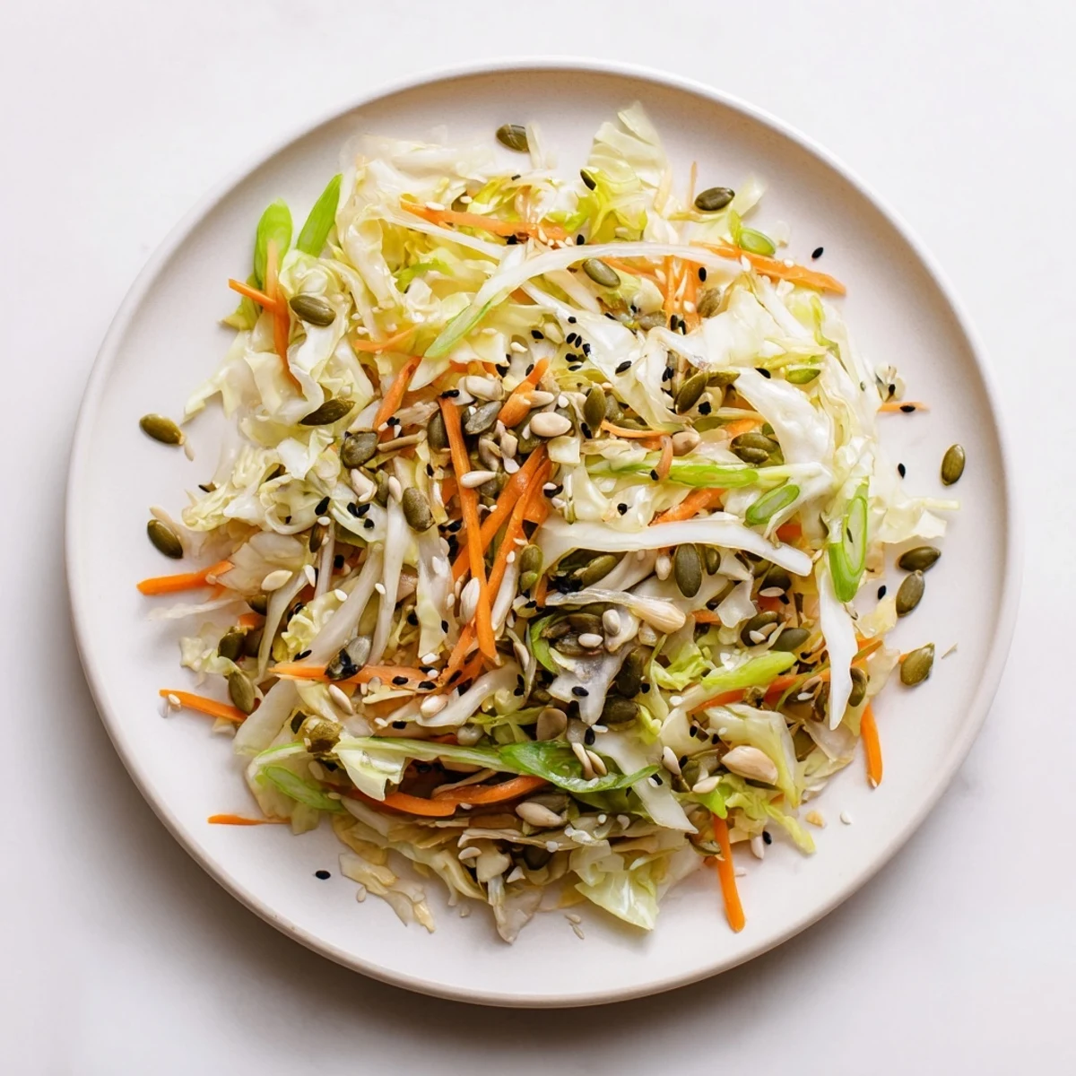 A colorful Cabbage-Core Slaw Salad, featuring crunchy cabbage with a vibrant sesame dressing.
