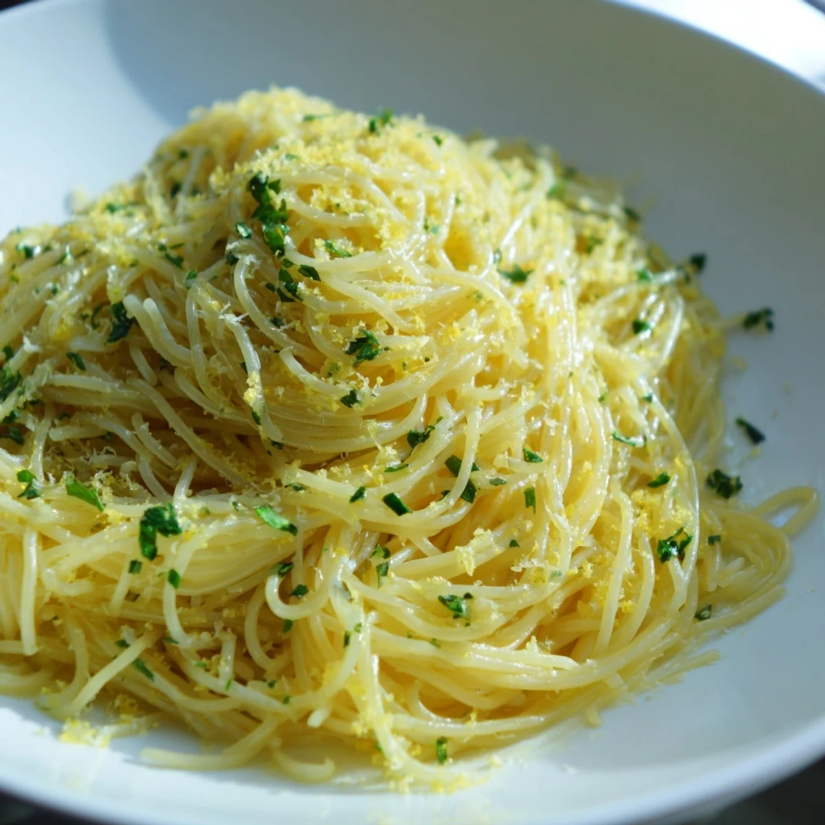 Tossed capellini pasta in a lemon butter sauce, garnished with fresh herbs, ready to serve.