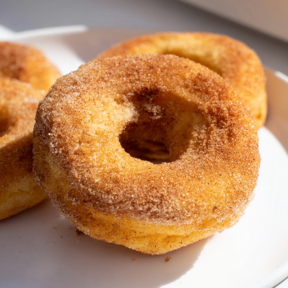 Fluffy 1-Minute Air Fryer Donuts, golden and dusted with cinnamon sugar, are ready to eat.