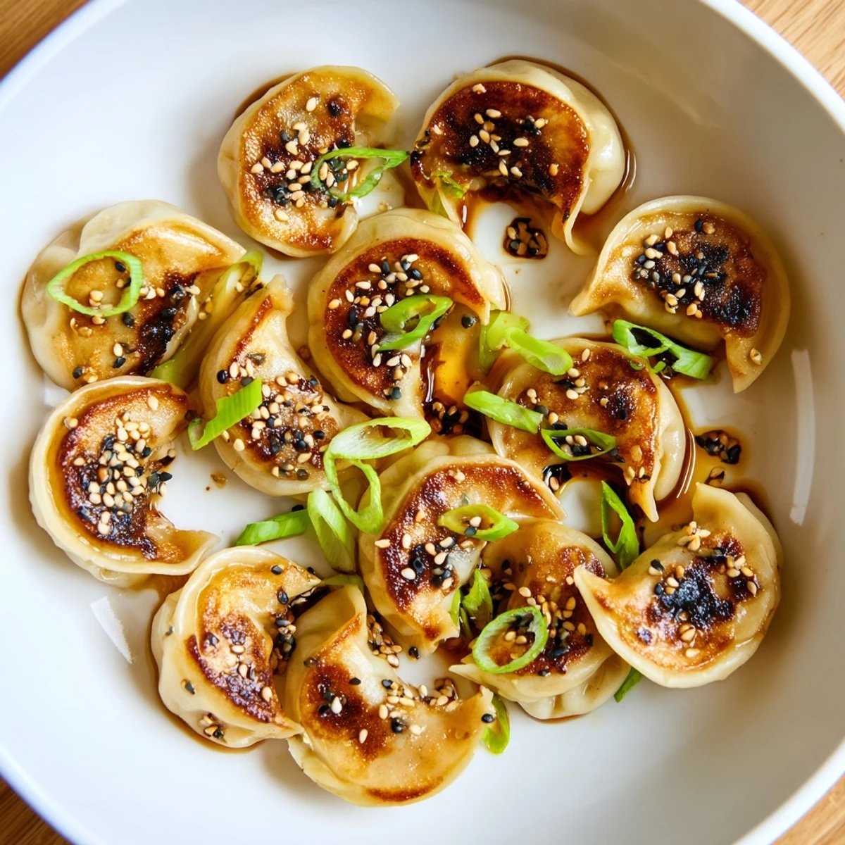 Crispy air fryer frozen dumplings garnished with sesame seeds and green onions, offering umami flavors.