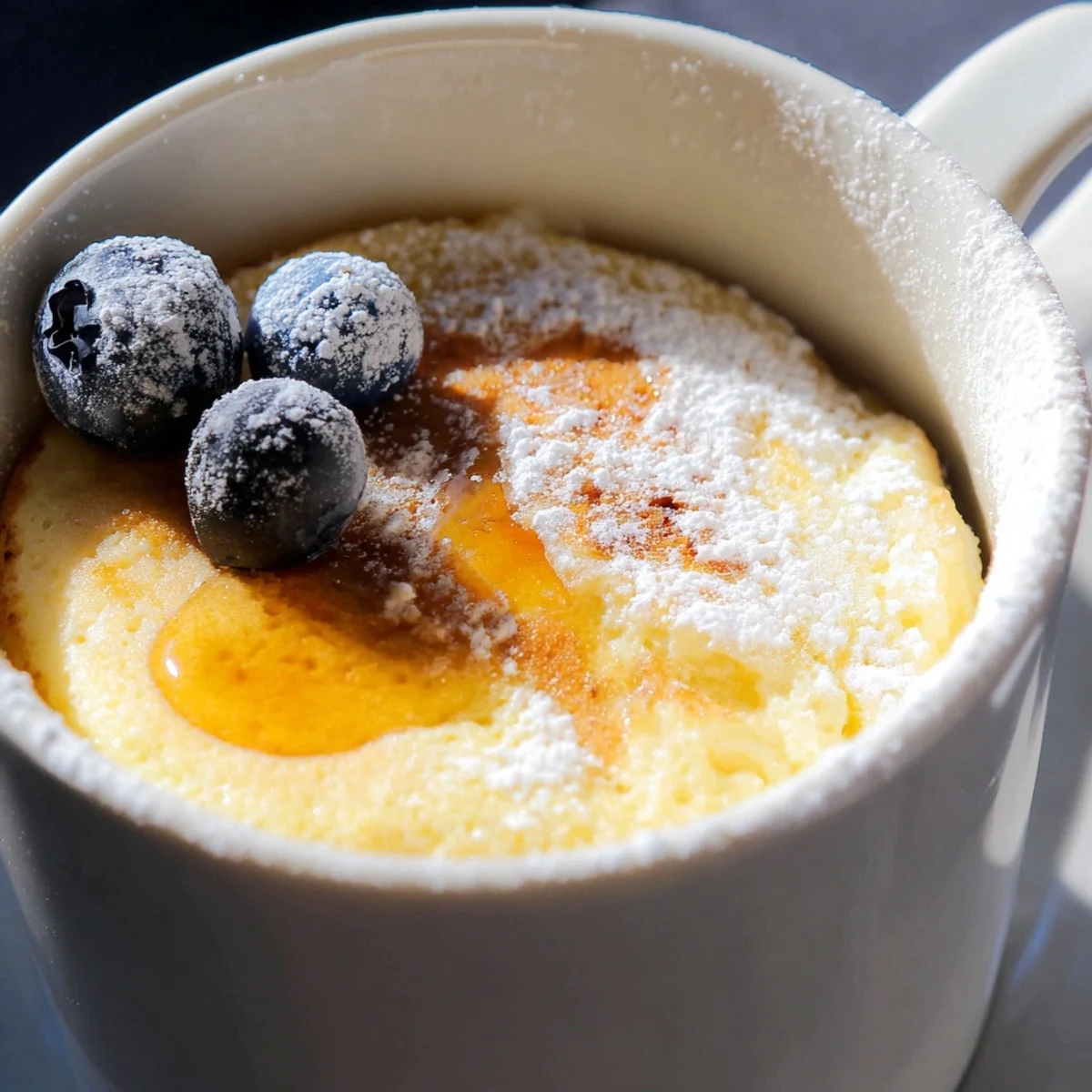 Steaming mug of Microwave Mug Pancakes topped with golden syrup and fresh berries for breakfast.