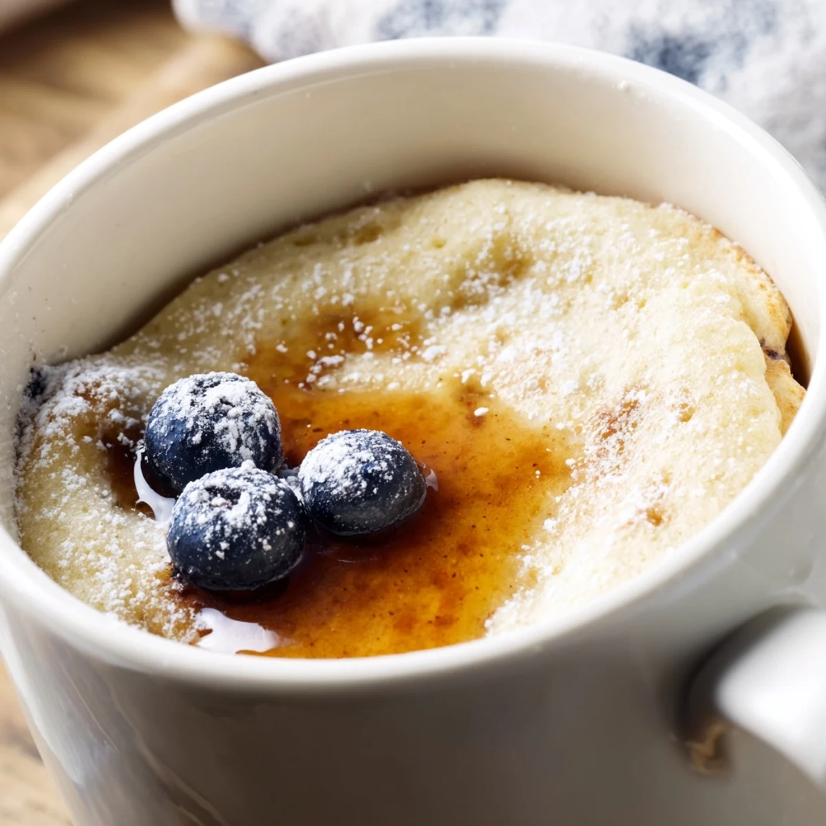 Delicious, hot Microwave Mug Pancakes look soft and pillowy, perfect with a drizzle of maple syrup.