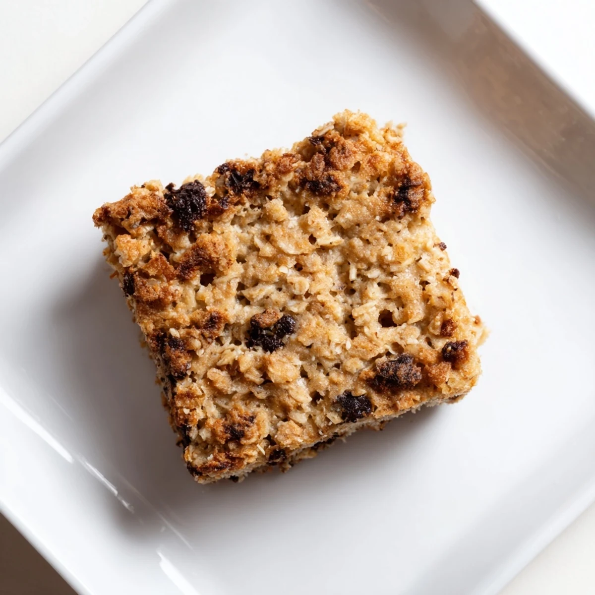 A square of Baked Oats That Taste Like Cake, fluffy and moist, hinting of banana and chocolate chips inside.