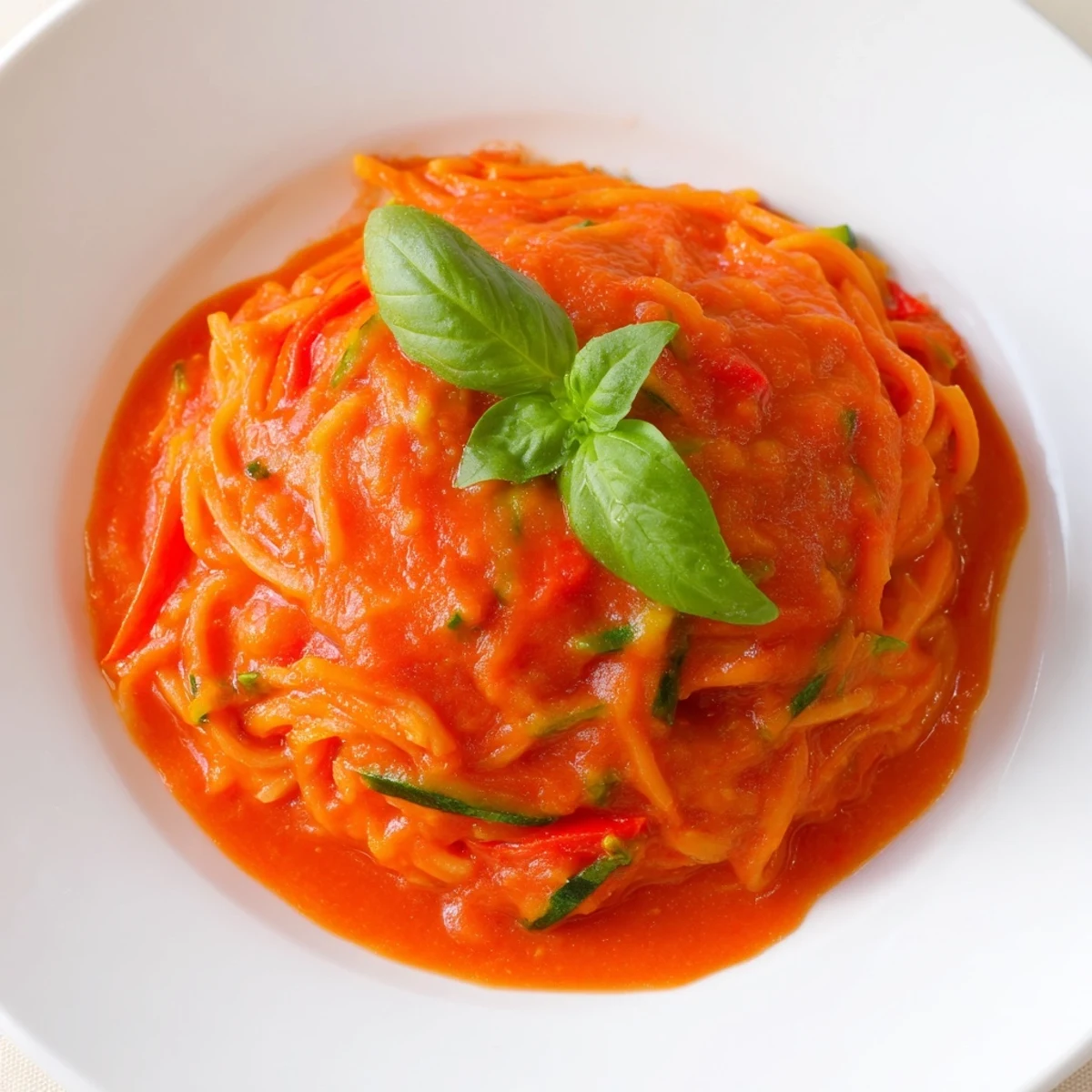 A steaming bowl of Veggie-Loaded Tomato Pasta Sauce, thick and bright red, over spaghetti.