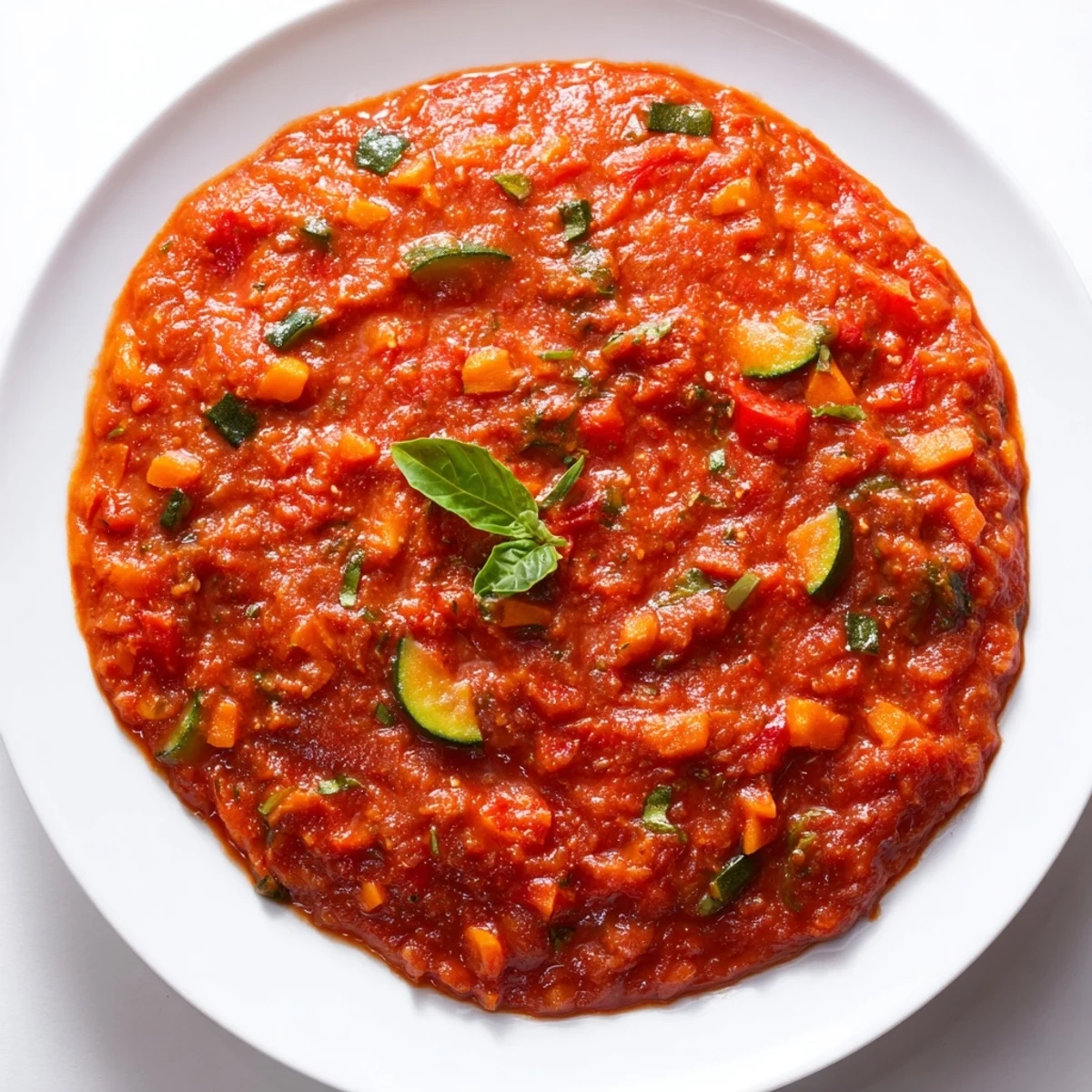 Vibrant Veggie-Loaded Tomato Pasta Sauce; a smooth, puréed sauce with flecks of fresh herbs, perfect for serving.