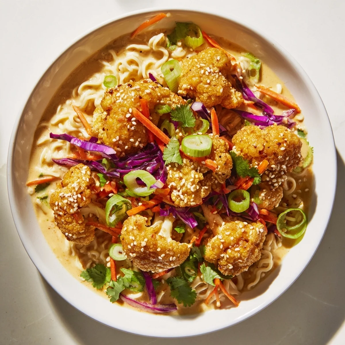Imagine a close-up of Chaos Cooking Buffalo Cauliflower Ramen, garnished and ready to enjoy with a burst of flavor.