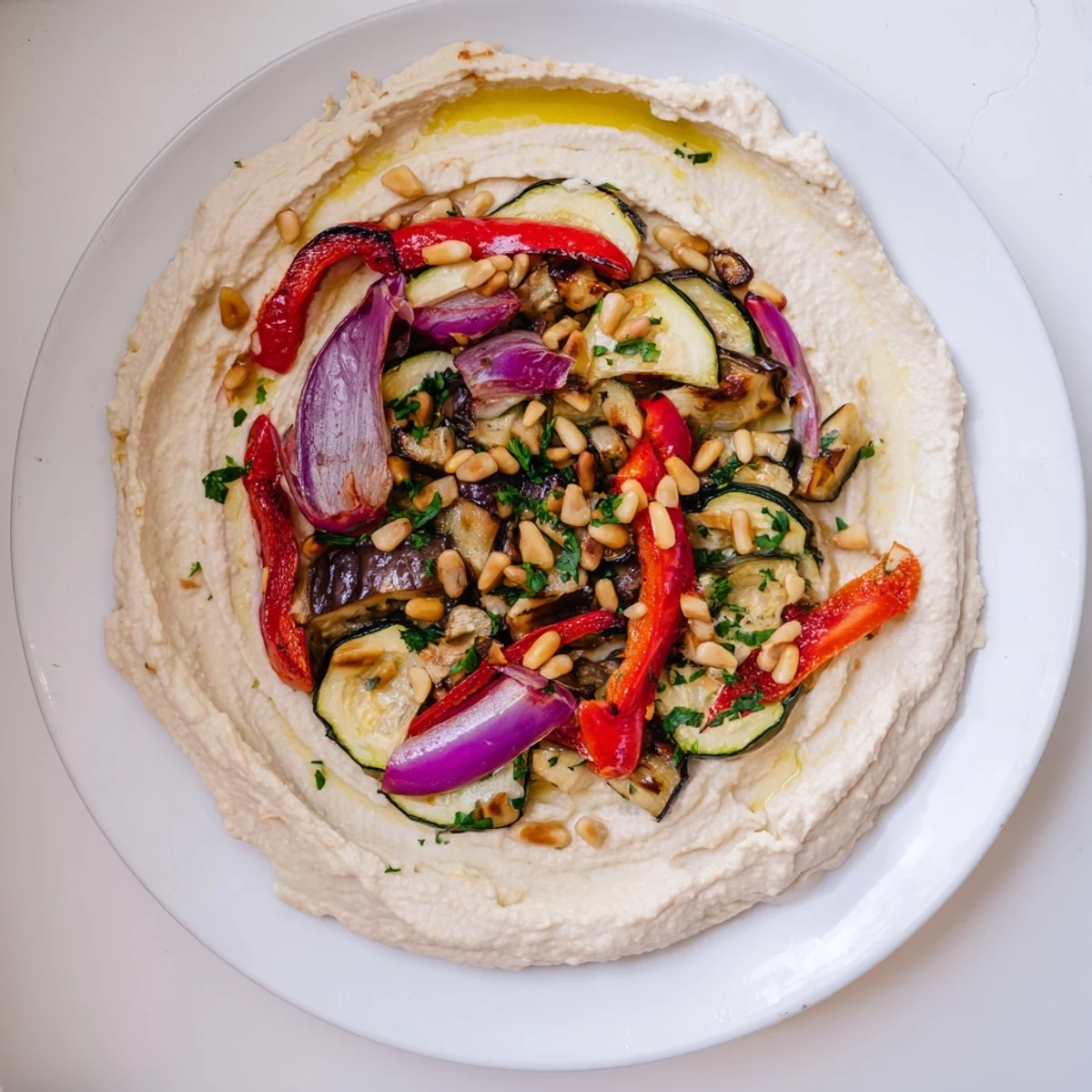 Hummus Roasted Veggies, vibrant and colorful, with charred vegetables atop creamy homemade hummus.