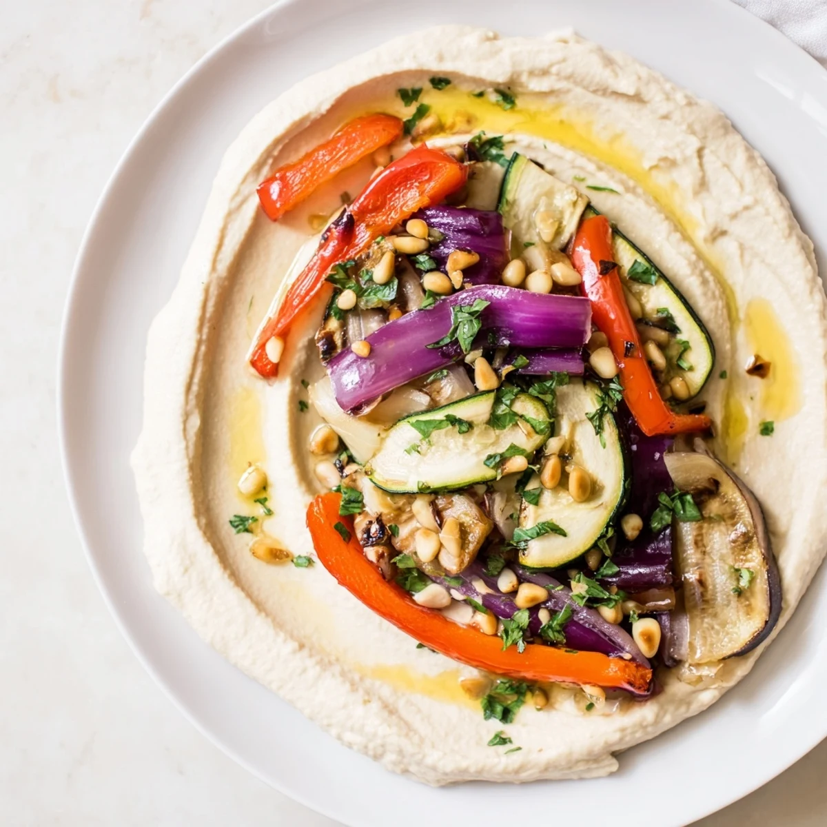 Mediterranean-inspired Hummus Roasted Veggies—imagine the smoky aroma of perfectly roasted garden vegetables.
