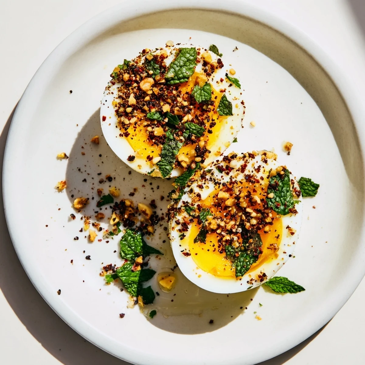 Golden halves of Dukkah-Spiced Eggs, layered with flavorful dukkah and fresh herbs ready to enjoy.