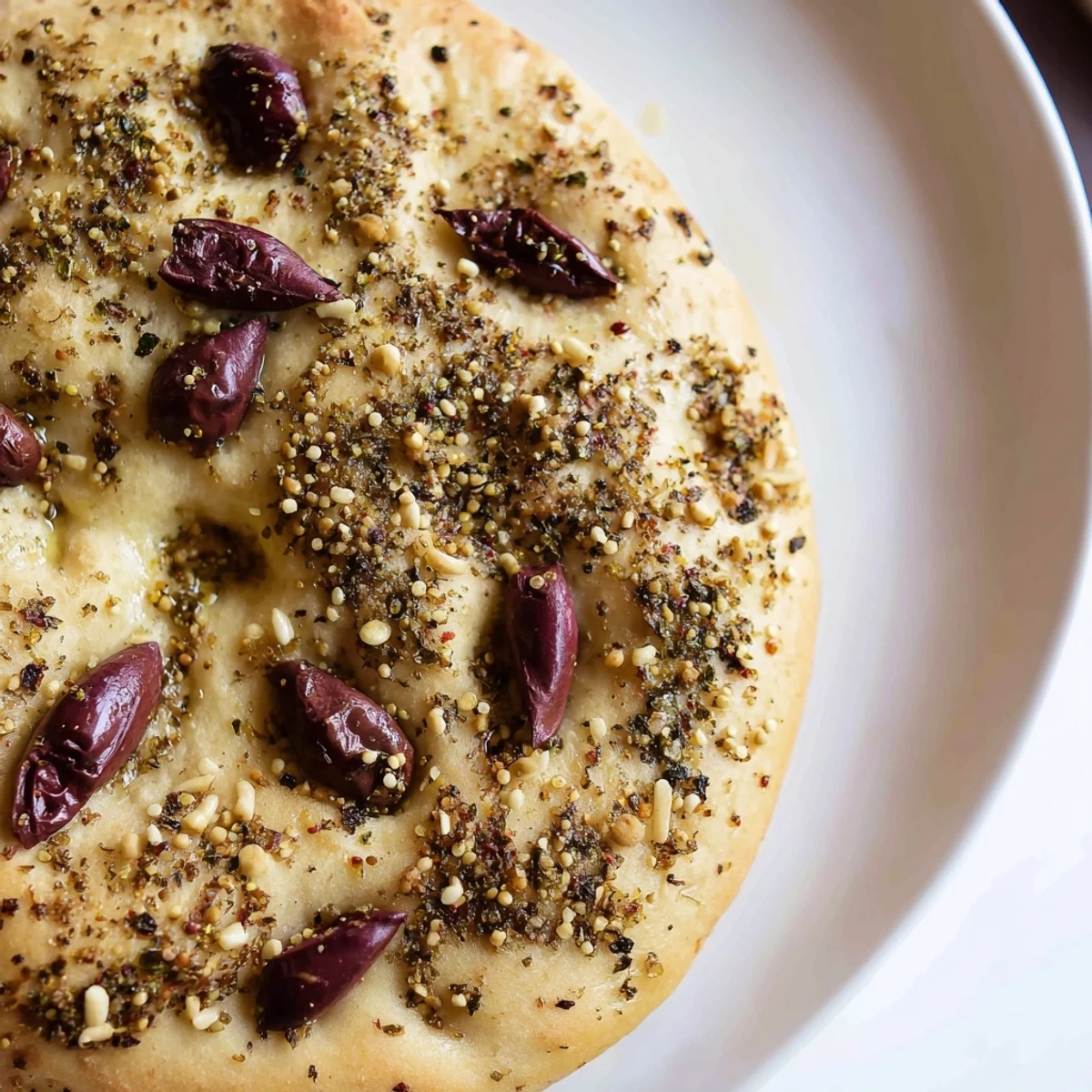 Golden-brown Zaatar Olive Focaccia, a warm, fragrant flatbread, ready to be sliced and shared.