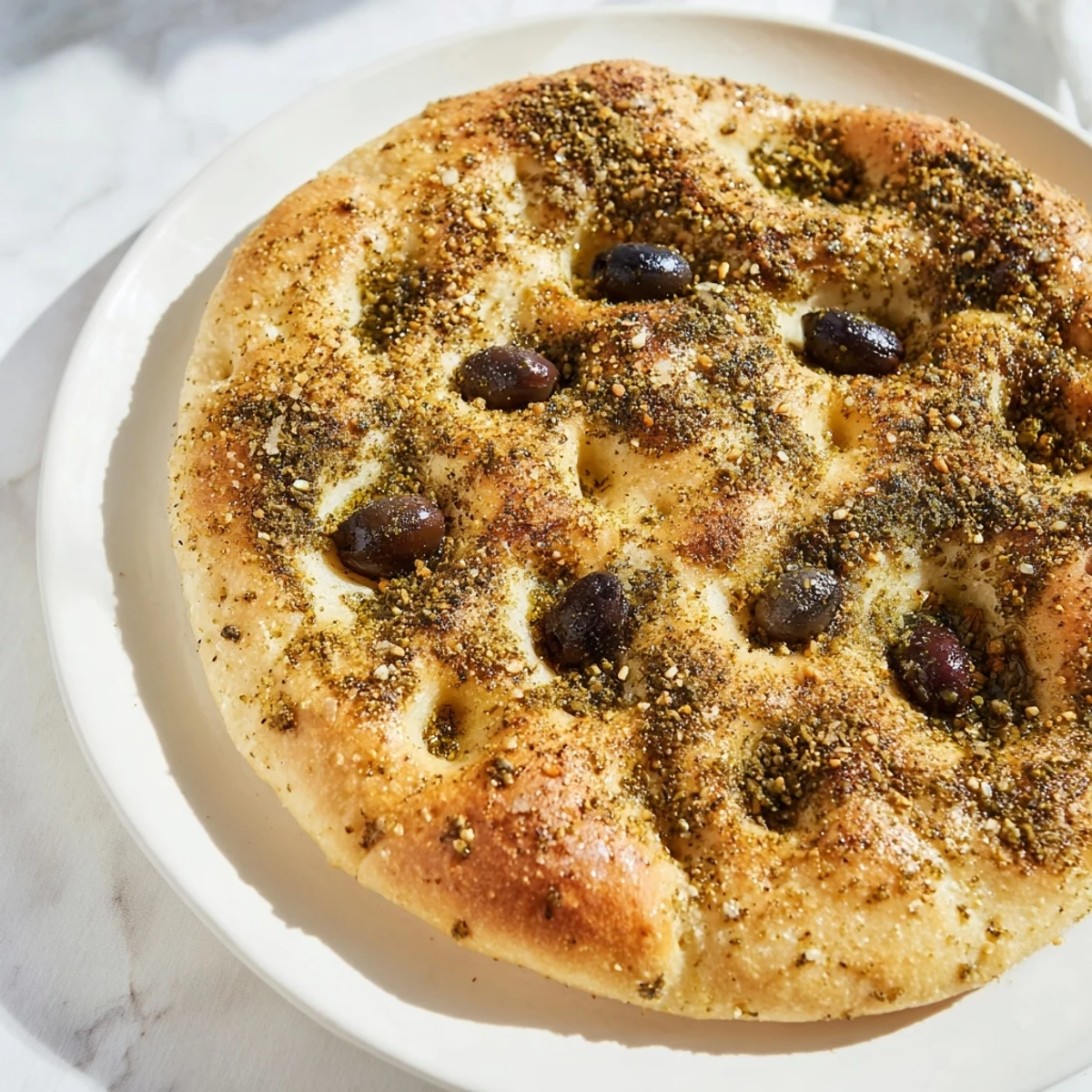 A close-up shot of Zaatar Olive Focaccia showing the dimpled surface, olives, and crispy crust.