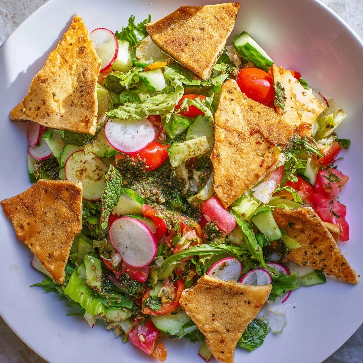 Vibrant Fattoush Crunch Salad with colorful fresh veggies and crunchy pita chips awaiting a bite.