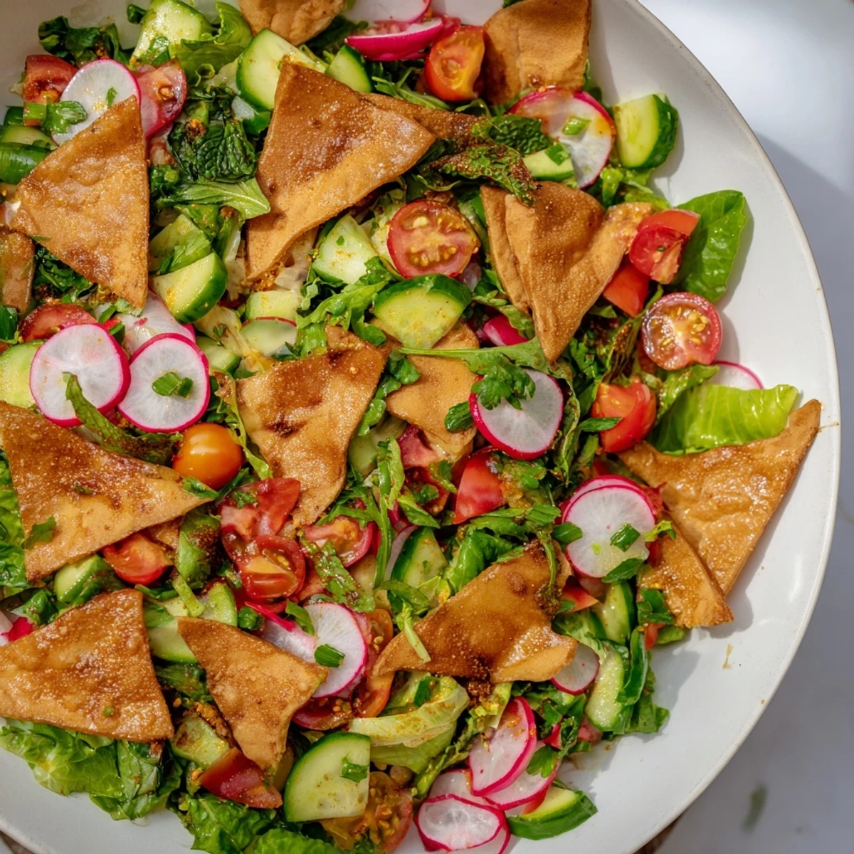 A bowl of refreshing Fattoush Crunch Salad features bright tomatoes, cucumber, and a zesty sumac dressing.