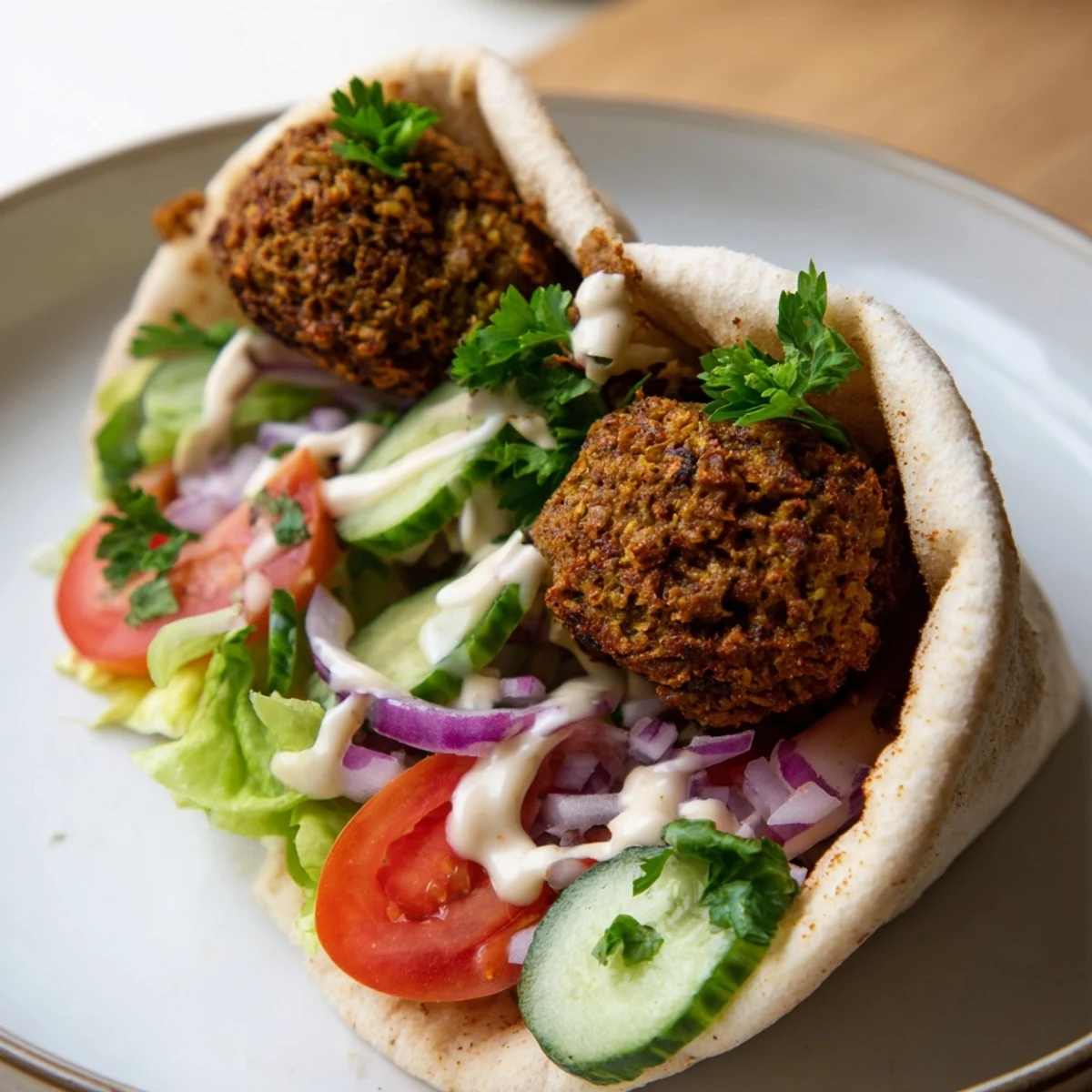 Golden brown falafel pita pockets bursting with fresh veggies and creamy tahini sauce.