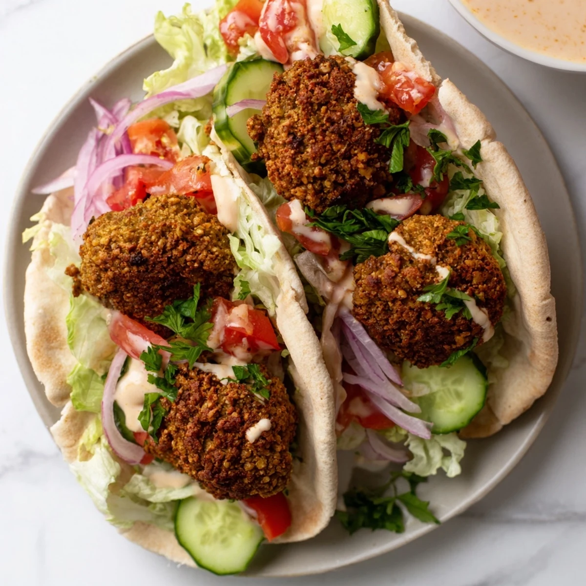 A close-up of a delicious falafel pita pocket, ready to eat, a flavorful Middle Eastern meal.