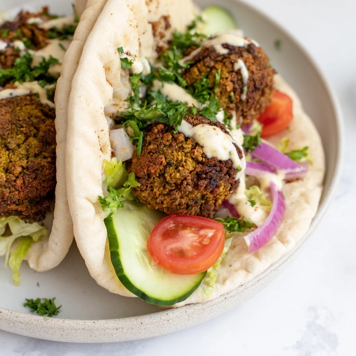 Warm pita bread pockets filled with crispy falafel and colorful vegetables, a tasty vegetarian recipe.