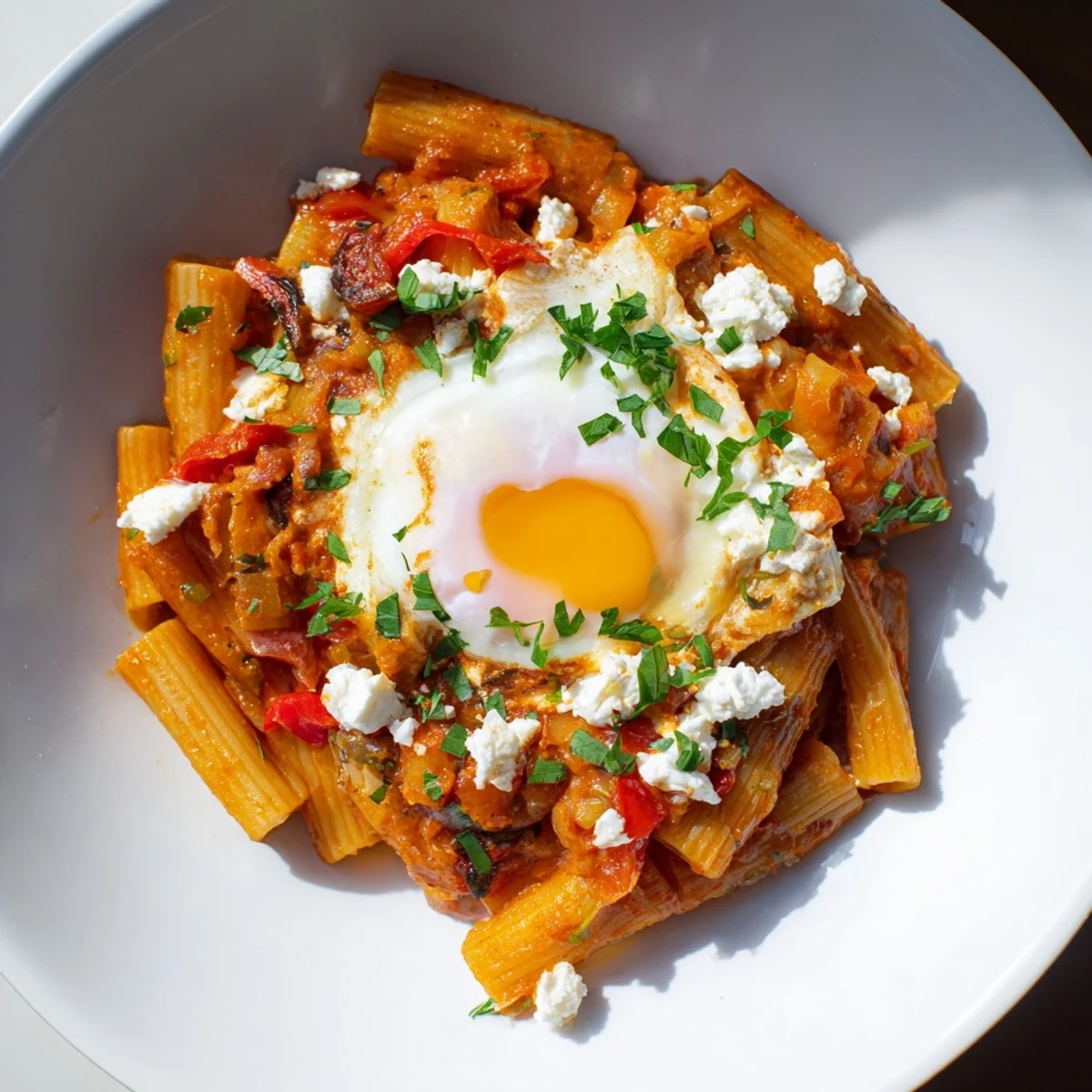 Shakshuka Baked Pasta, a vibrant dish with perfectly poached eggs nestled in rich tomato sauce.