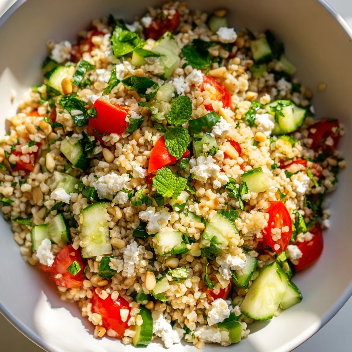 A close-up of a delightful tabbouleh grain bowl, overflowing with vibrant, fresh ingredients.