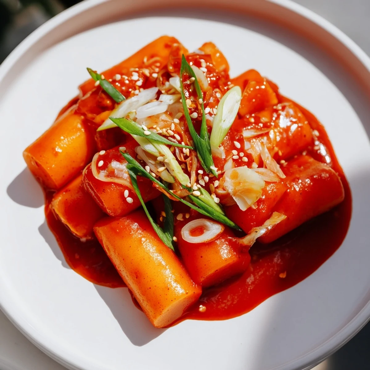 A steaming platter of Korean tteokbokki showcases glossy cylinders tossed with cabbage and sesame.