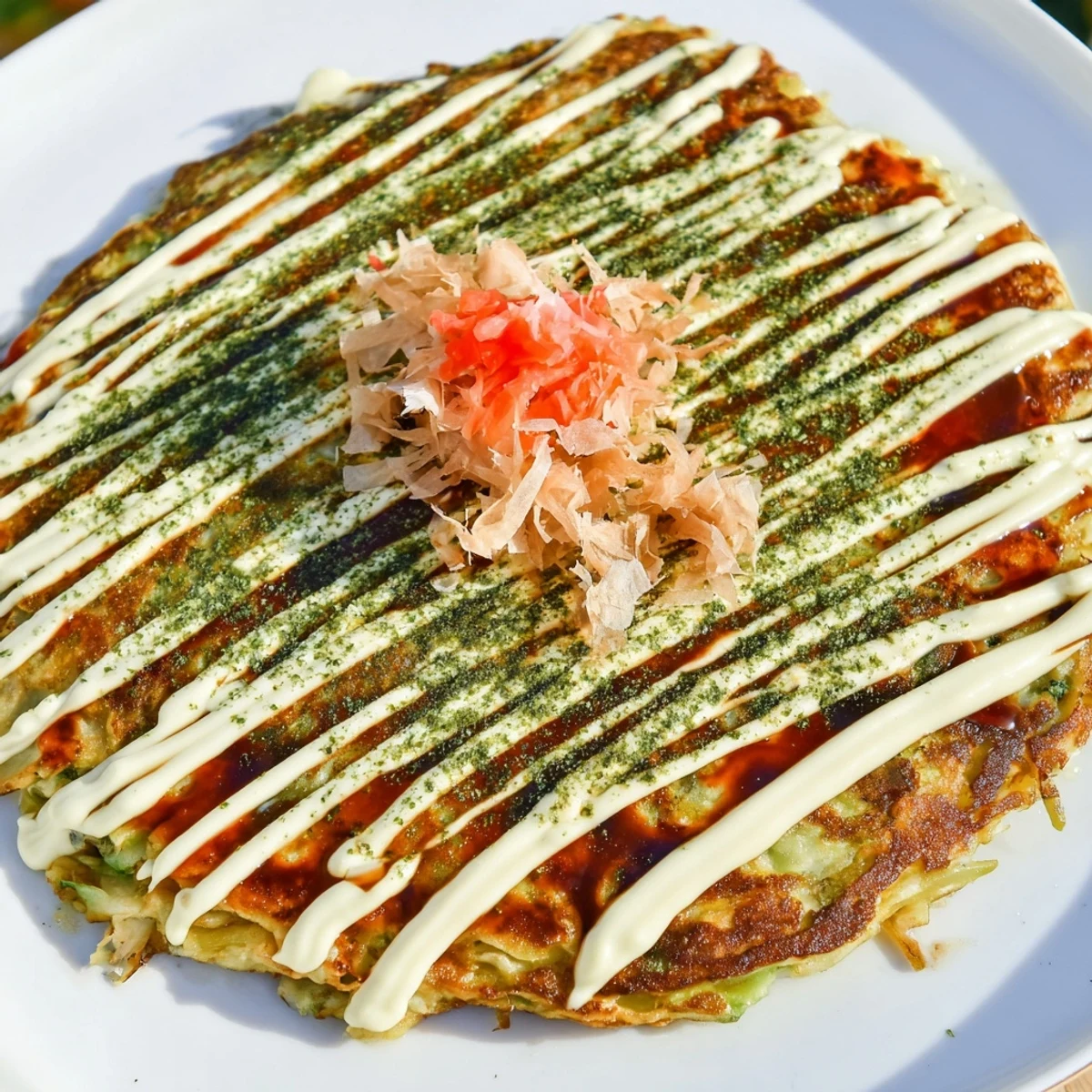 Japanese okonomiyaki pancakes with crispy cabbage, bacon, and bonito flakes on a rustic plate.  