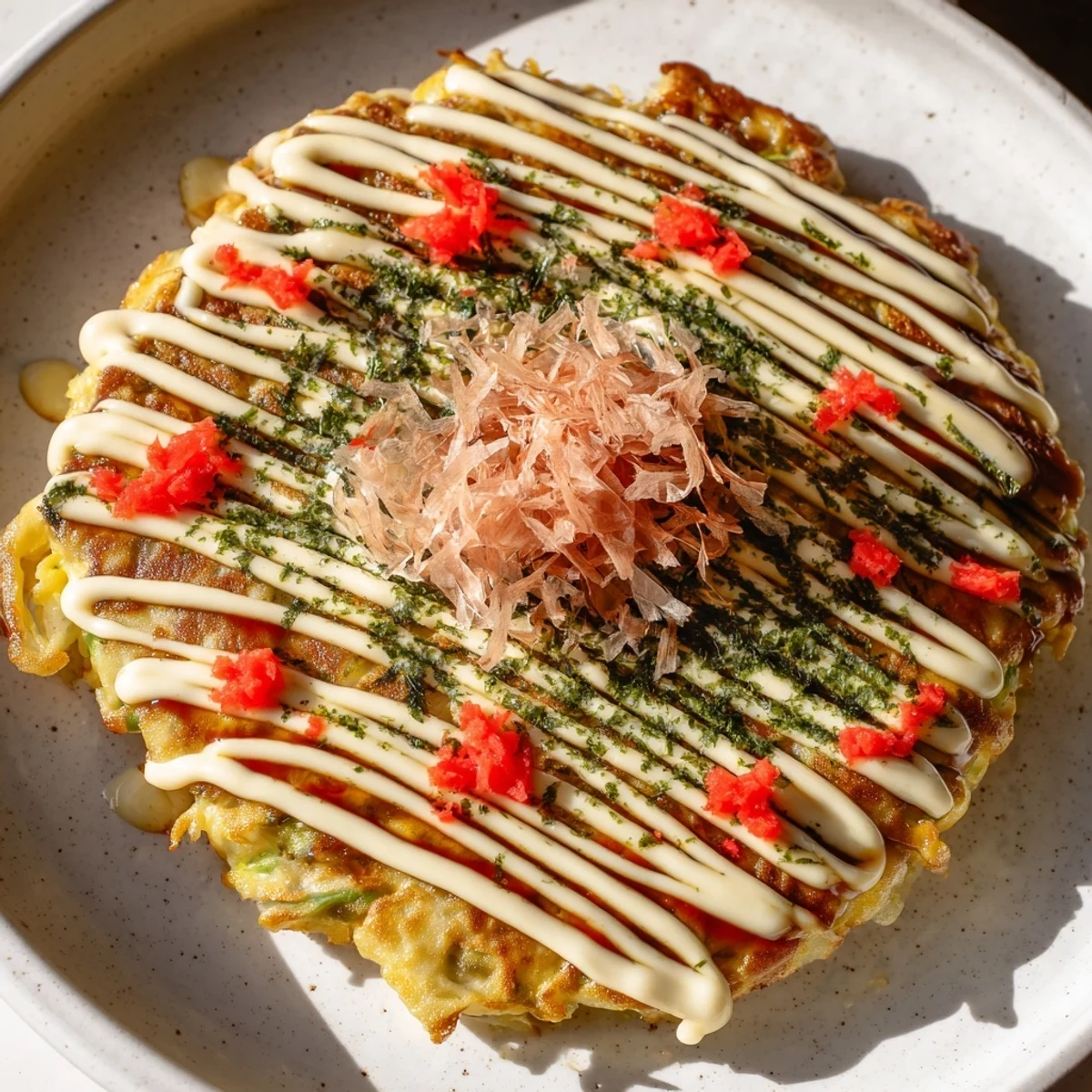 Savory Japanese okonomiyaki pancakes served with bonito flakes, aonori, and colorful garnishes.