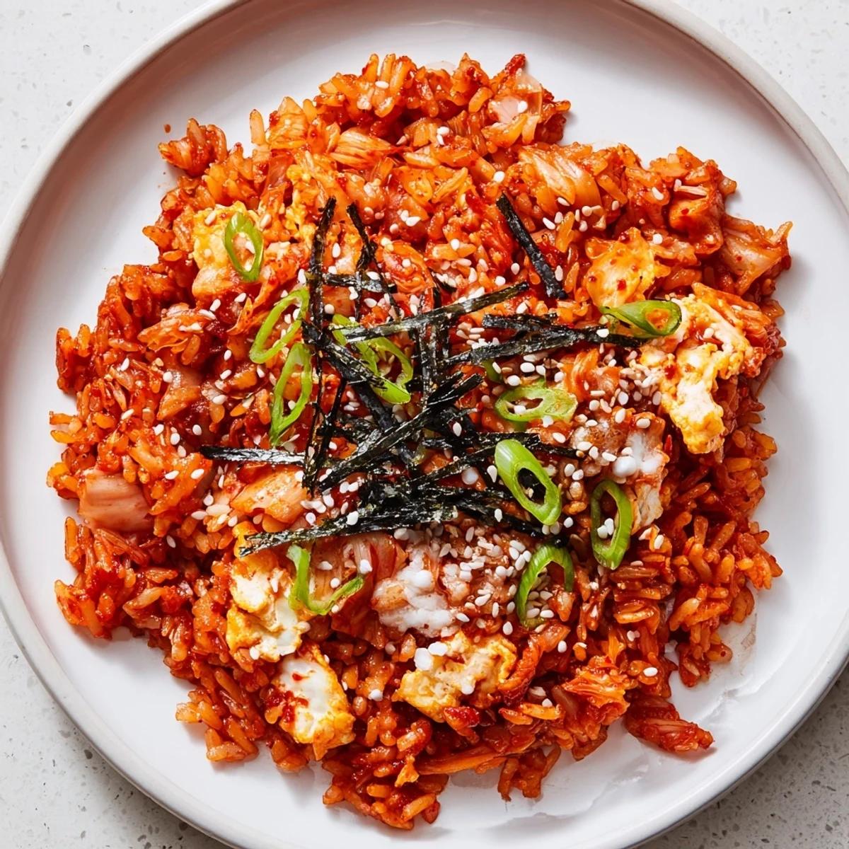A close-up of Spicy Kimchi Fried Rice with bright red kimchi, scrambled eggs, and sliced green onions garnished with sesame seeds.