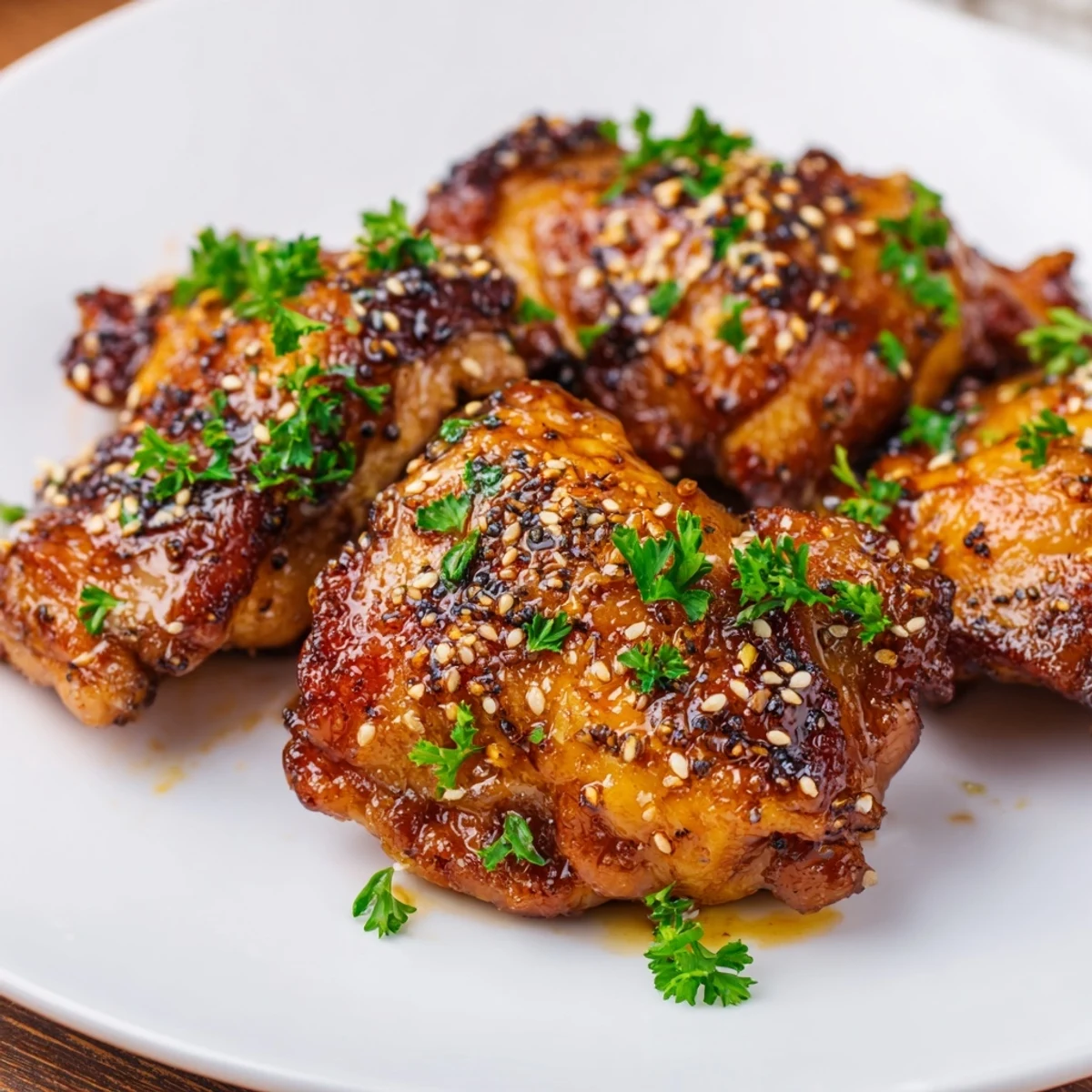 Sizzling bone-in chicken thighs in a skillet, coated in a glossy honey garlic glaze and topped with fresh parsley and sesame seeds for a savory weeknight meal.