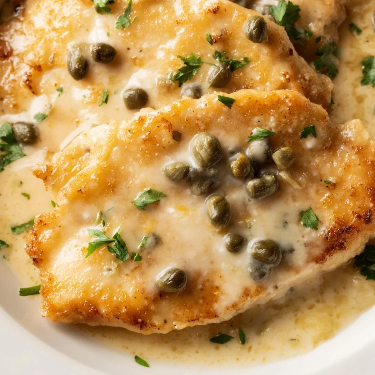 A skillet of Creamy Chicken Piccata next to pasta, with creamy sauce pooling and capers adding tangy bursts.