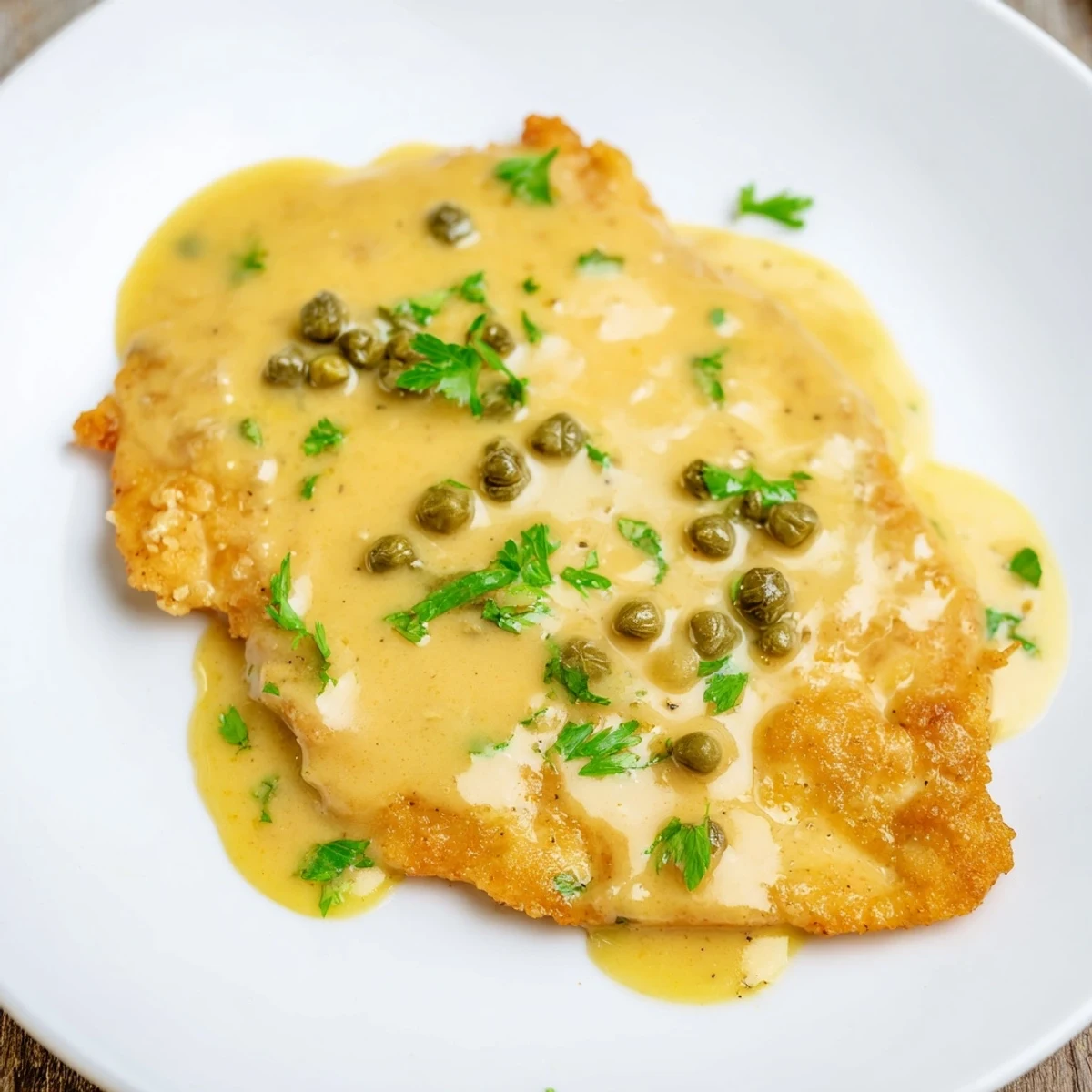 Tender Creamy Chicken Piccata served over rice, drizzled with lemon cream sauce and topped with vibrant parsley.
