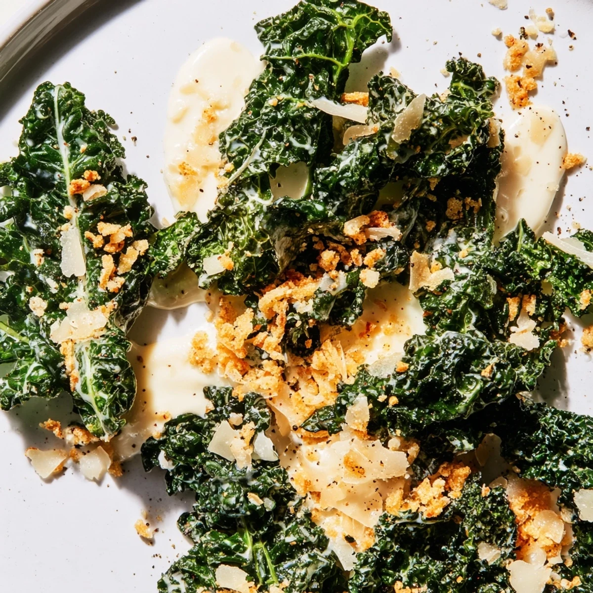 Massaged kale tossed in a creamy garlic Parmesan dressing, topped with golden toasted breadcrumbs and shaved Parmesan.  