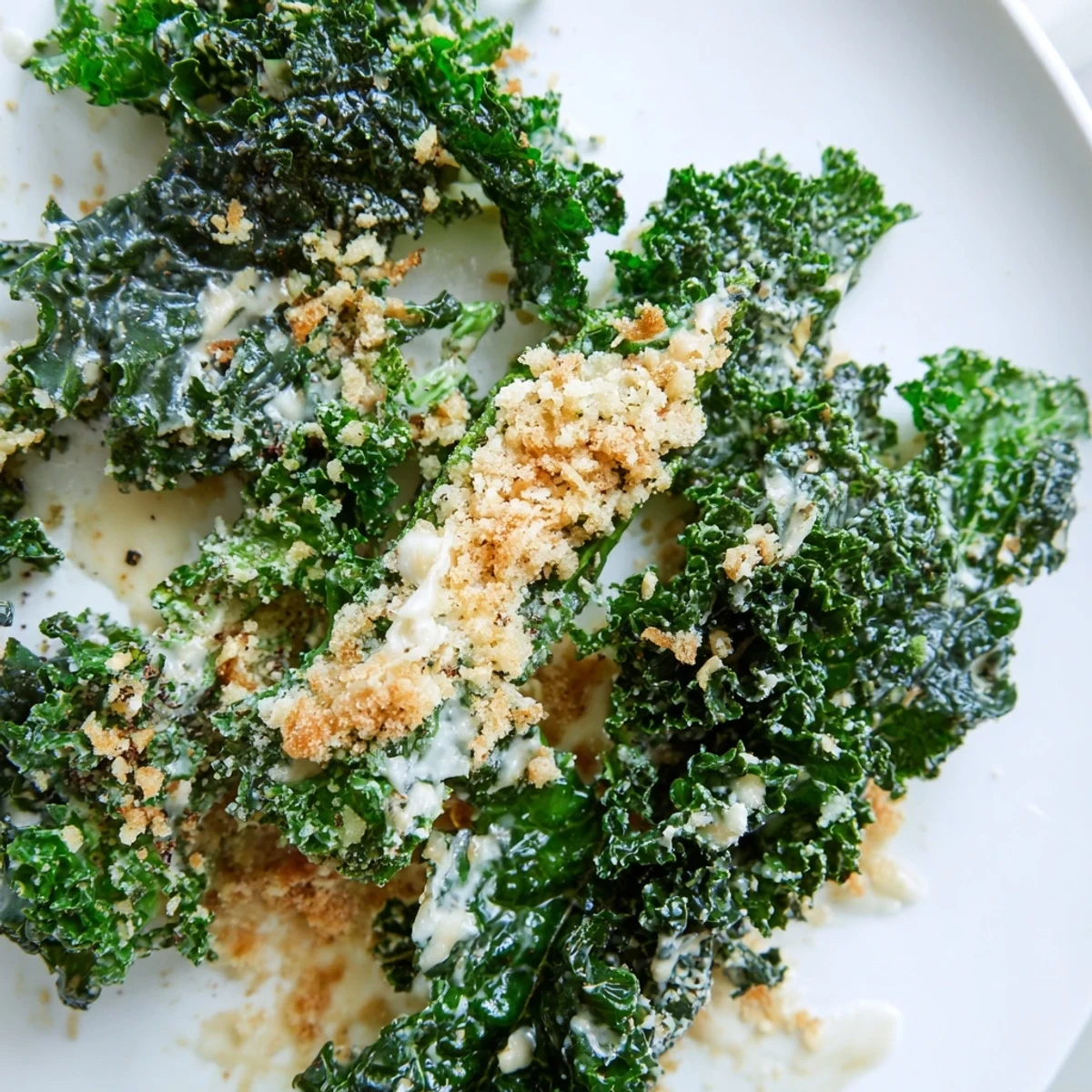 A vibrant bowl of Garlic Parmesan Kale Salad with tender leaves, creamy dressing, and crispy breadcrumbs for extra texture.
