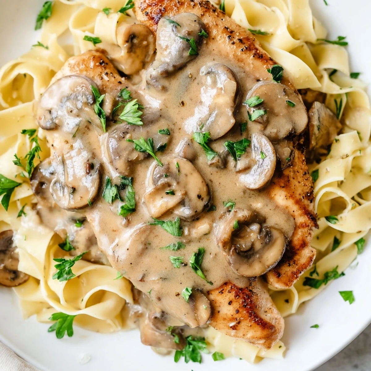 Comforting plate of creamy chicken Marsala pasta, featuring a velvety sauce and golden seared cutlets for an Italian-inspired meal.