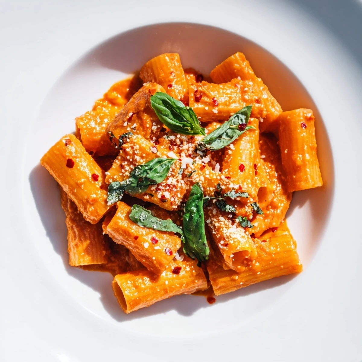 Golden-brown rigatoni noodles tossed in a creamy, mildly spicy tomato sauce, garnished with fresh basil and Parmesan.  