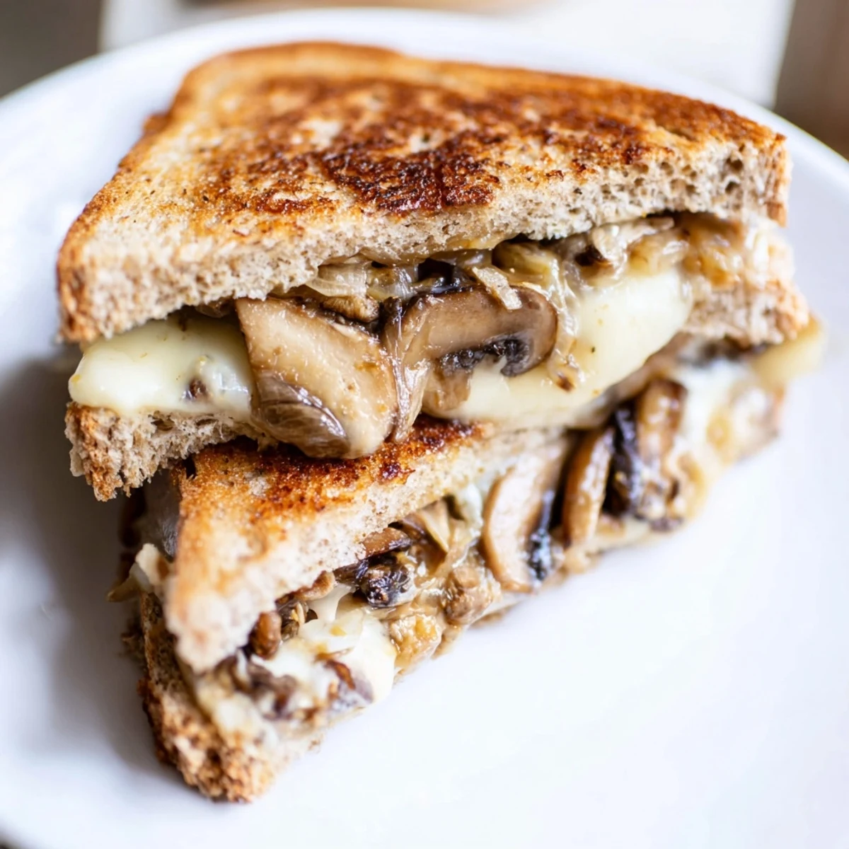A close-up view shows the Mushroom Swiss Grilled Cheese resting on a wooden board, perfect alongside a steaming bowl of tomato soup.
