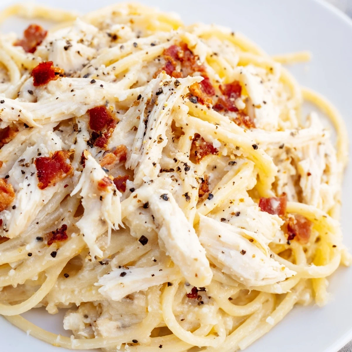 Served in a white bowl, the Chicken Carbonara is garnished with fresh parsley and extra Parmesan.