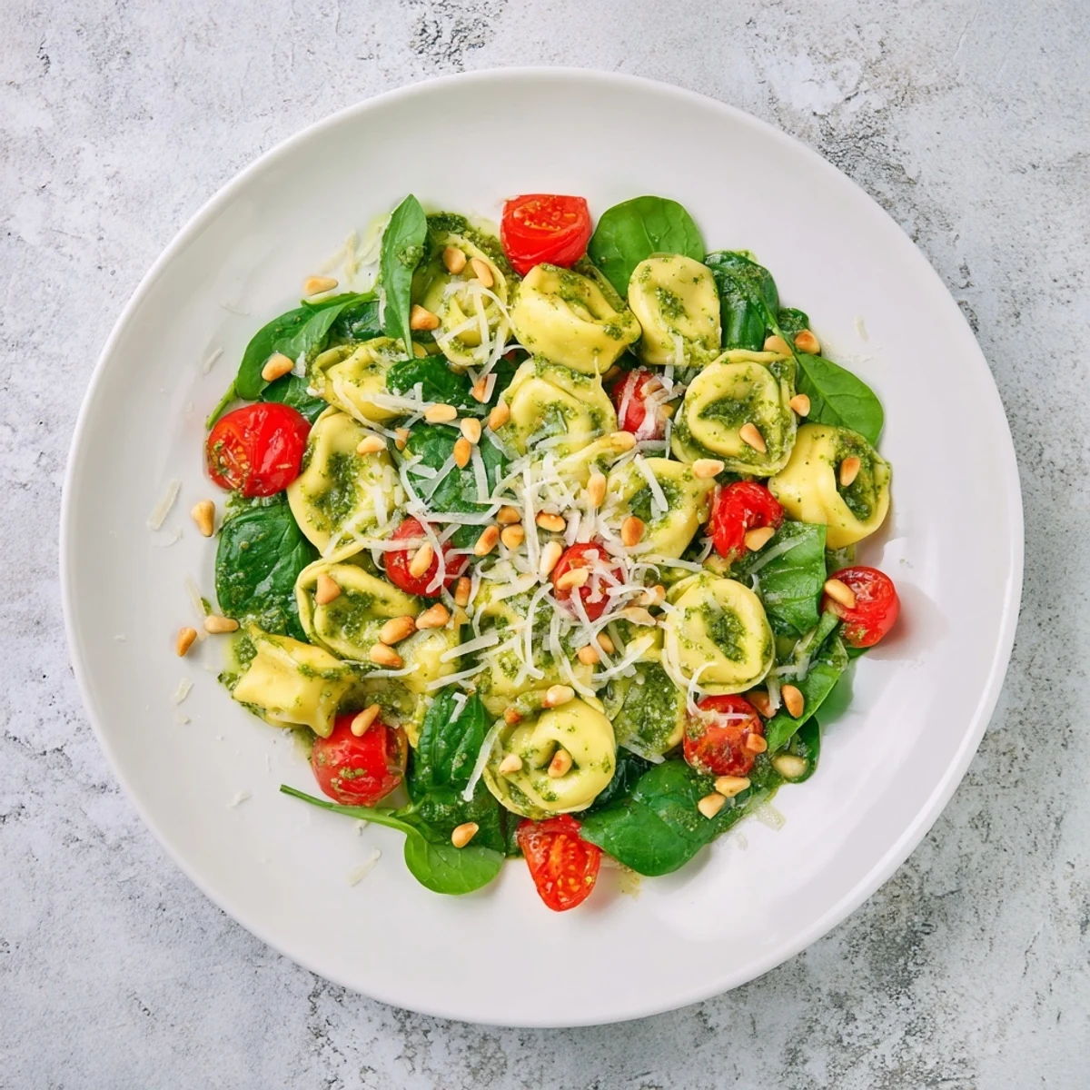 Vibrant pesto tortellini salad with cherry tomatoes and baby spinach, tossed in a basil-lemon dressing and garnished with toasted pine nuts.  