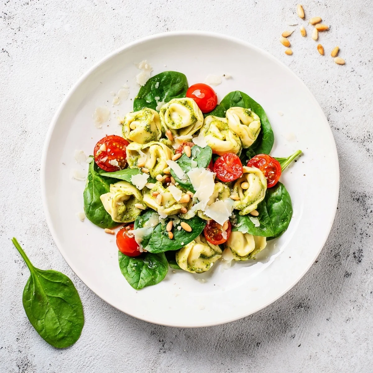 Savory pesto tortellini salad served in a bowl, topped with grated Parmesan and pine nuts, perfect for a picnic or potluck.